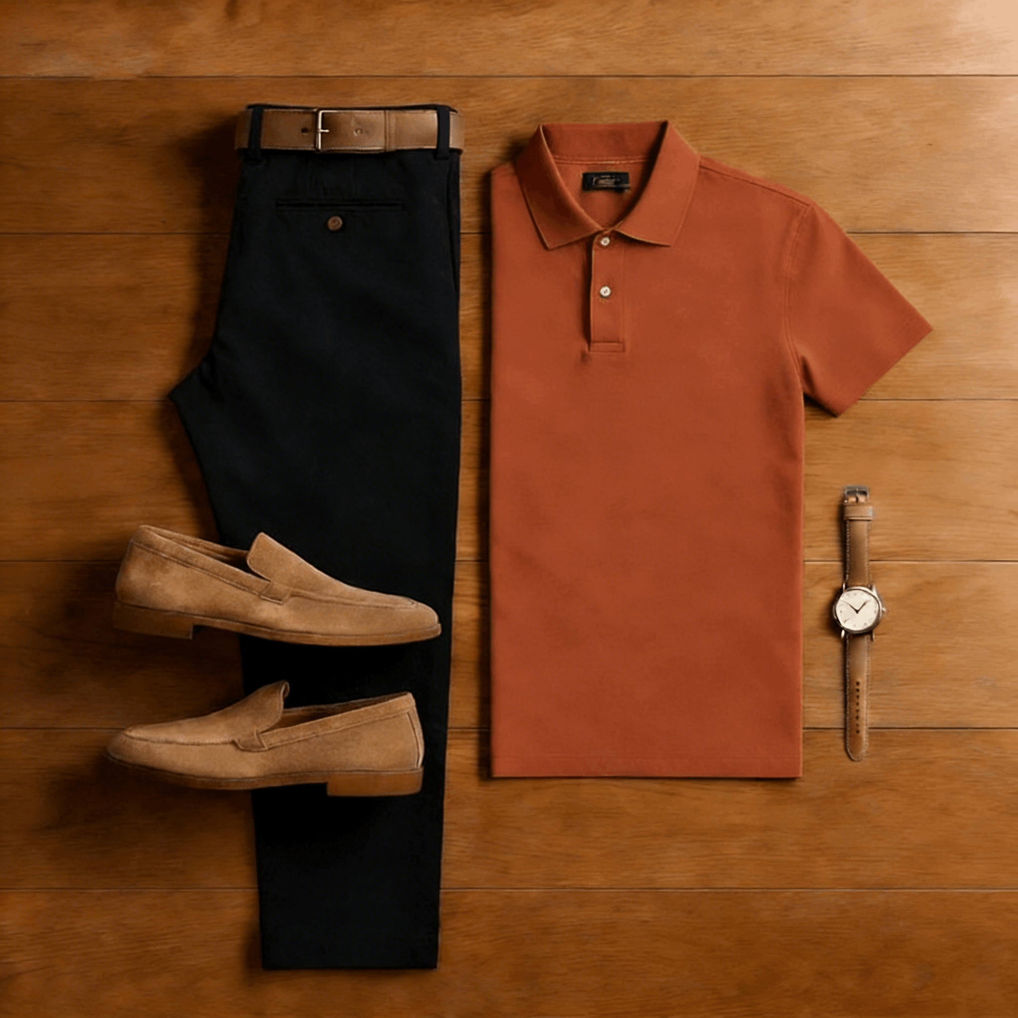 Conjunto de dos piezas casual Red Brown & Black de color sólido Matching Sport de manga corta camisa polo & Trousers para hombre