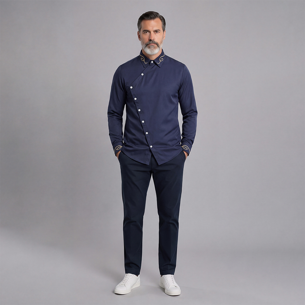 Camisa casual Solid-Color Slim-Fit de manga larga para hombre