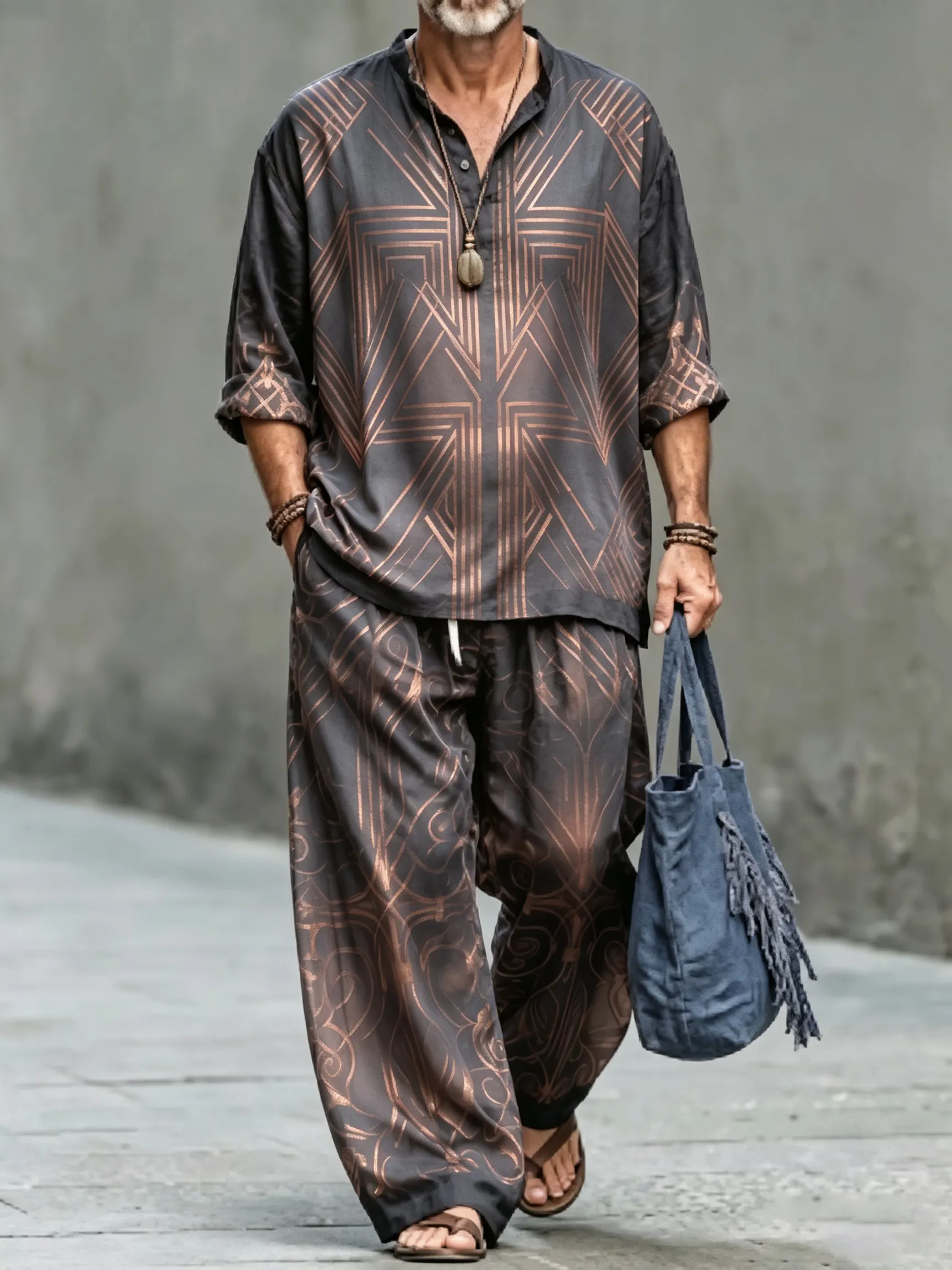 para hombre vintage Abstract Art estampado de algodón camisa Set (Top & pantalón)
