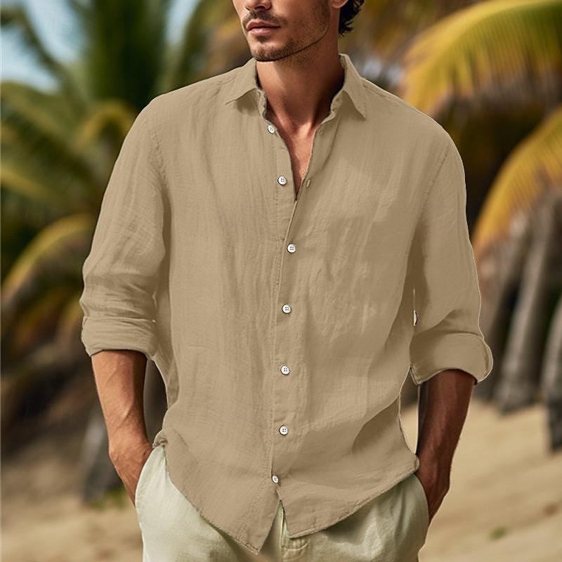 Camisa de algodón de lino camisa Summer camisa Beach Wear Button Up camisa Plain Vacation Curise Black White Pink Navy Blue de manga larga solapa Spring & Summer Clothing Apparel para hombre - vista 8