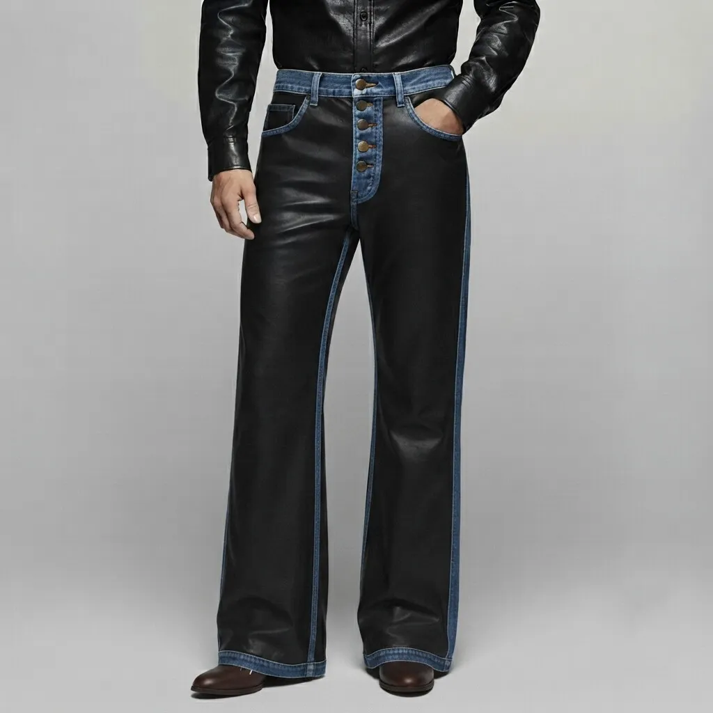 para hombre Black PU Leather Denim Splicing Multi-Button Straight Leg pantalón