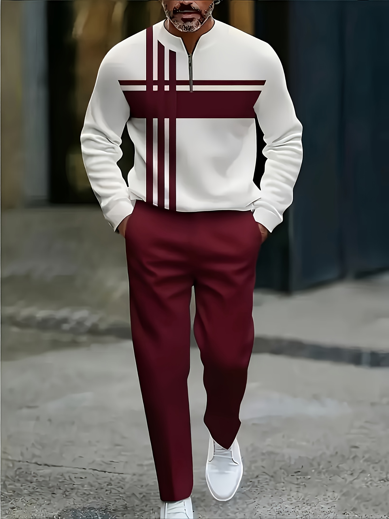 Conjunto de dos piezas casual Color Matching estampado Round-Neck Zipper de manga larga Trousers 1218 para hombre