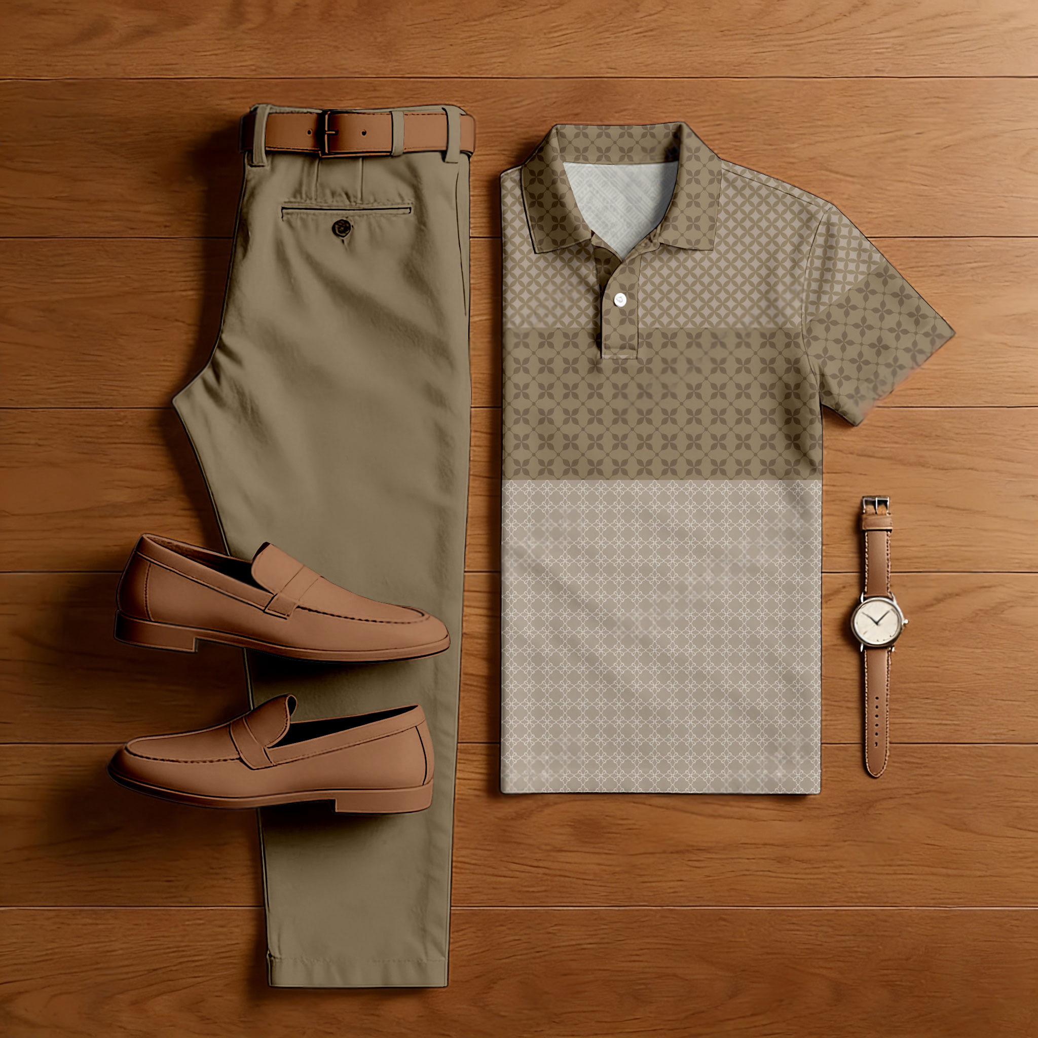 Conjunto de dos piezas casual Brown Color Matching retro Style Checkered estampado de manga corta camisa polo & Trousers para hombre