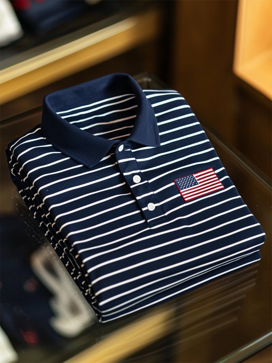 Camisa polo ejecutivo casual Independence Day a rayas Button de manga corta para hombre