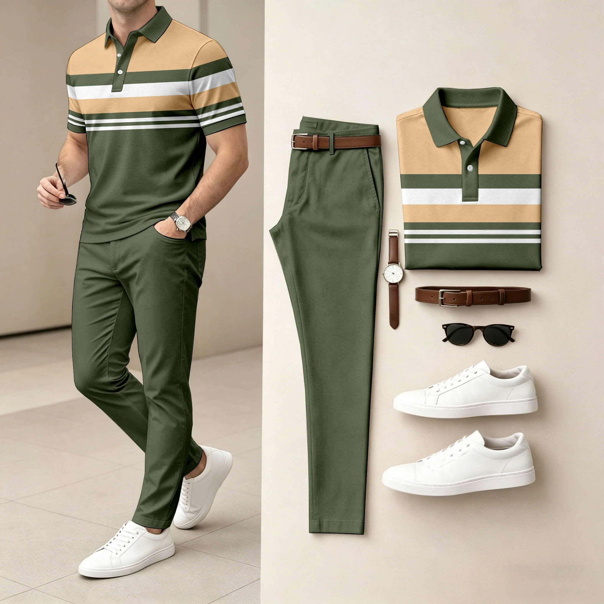 Conjunto de dos piezas casual a rayas Contrasting estampado camisa polo And pantalón para hombre