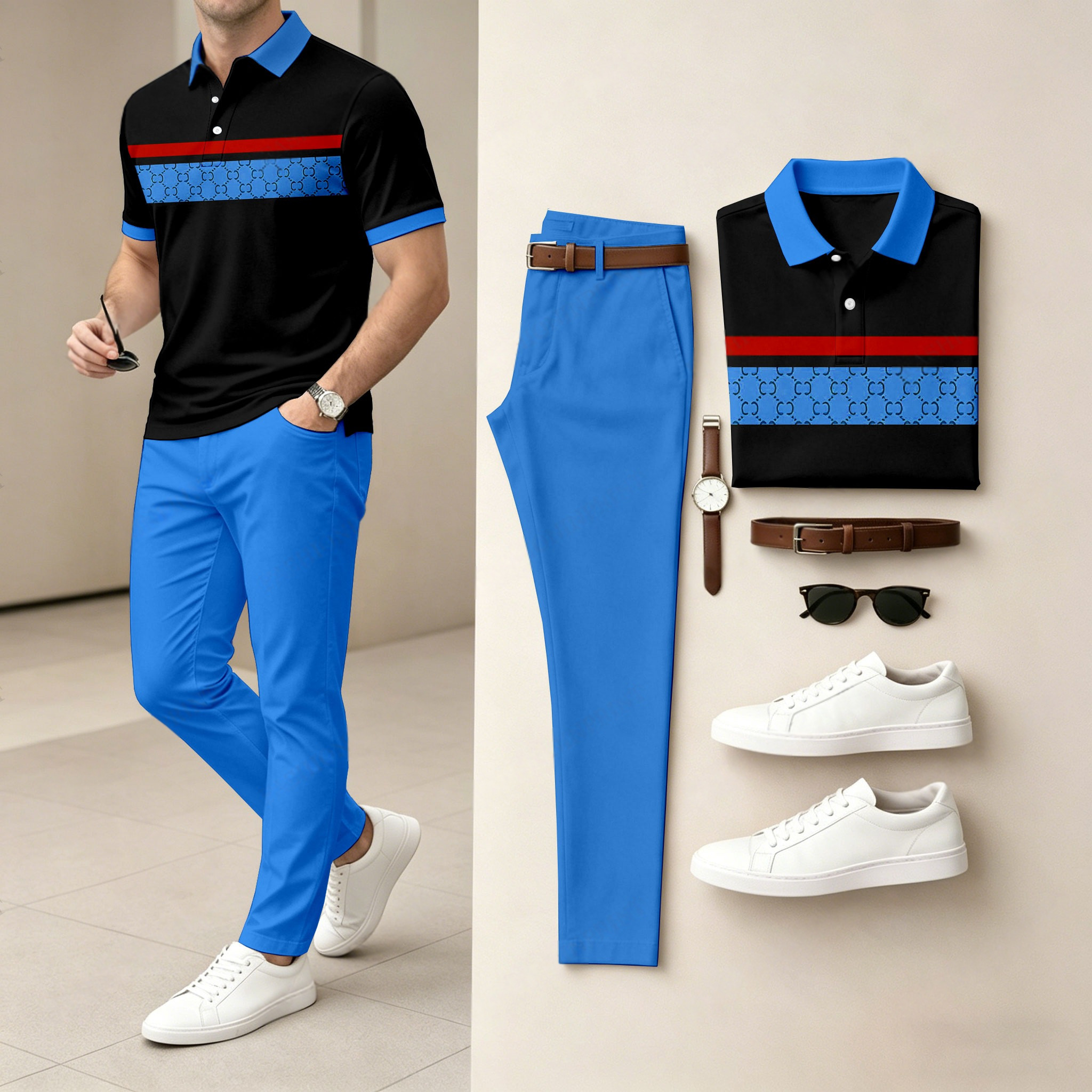 Conjunto de dos piezas casual Black & Royal Blue estampado camisa polo And pantalón para hombre