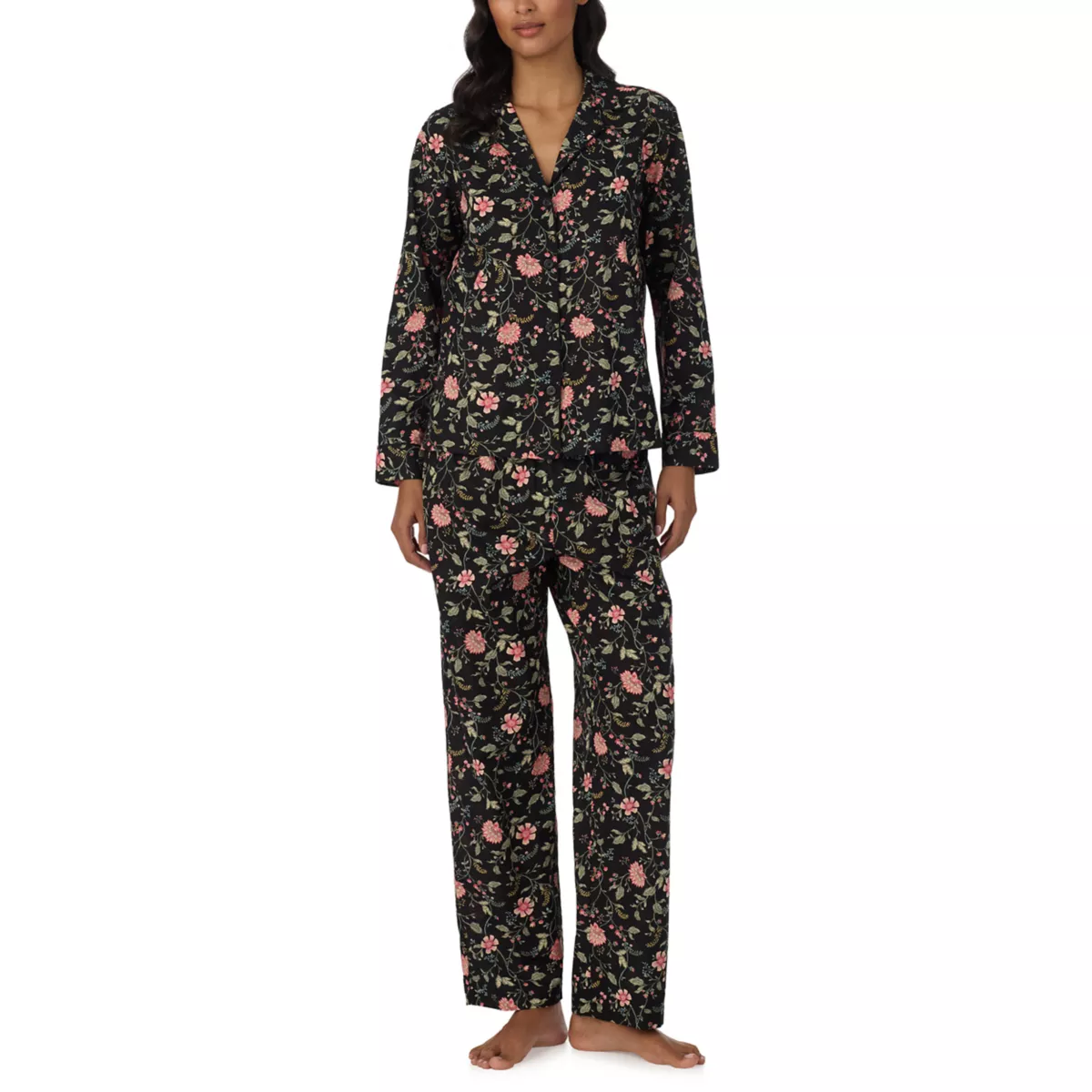 Women's Long Sleeve Notch Collar Shirt and Long Pants Pajama Set - 1
