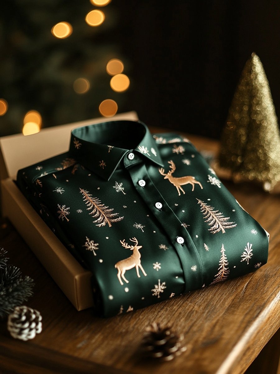 Camisa ejecutivo Elk and Tree Christmas de manga larga para hombre