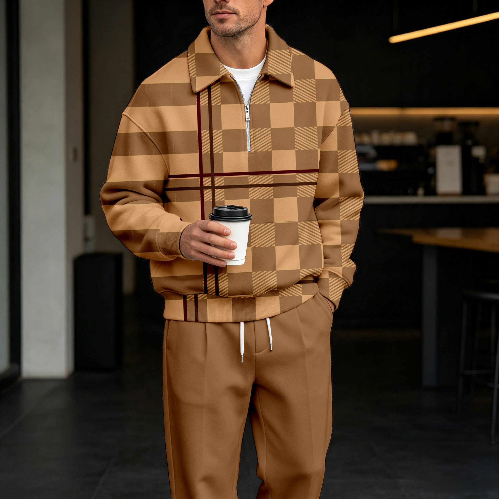 para hombre Checkered Zipper camisa polo and pantalón Set