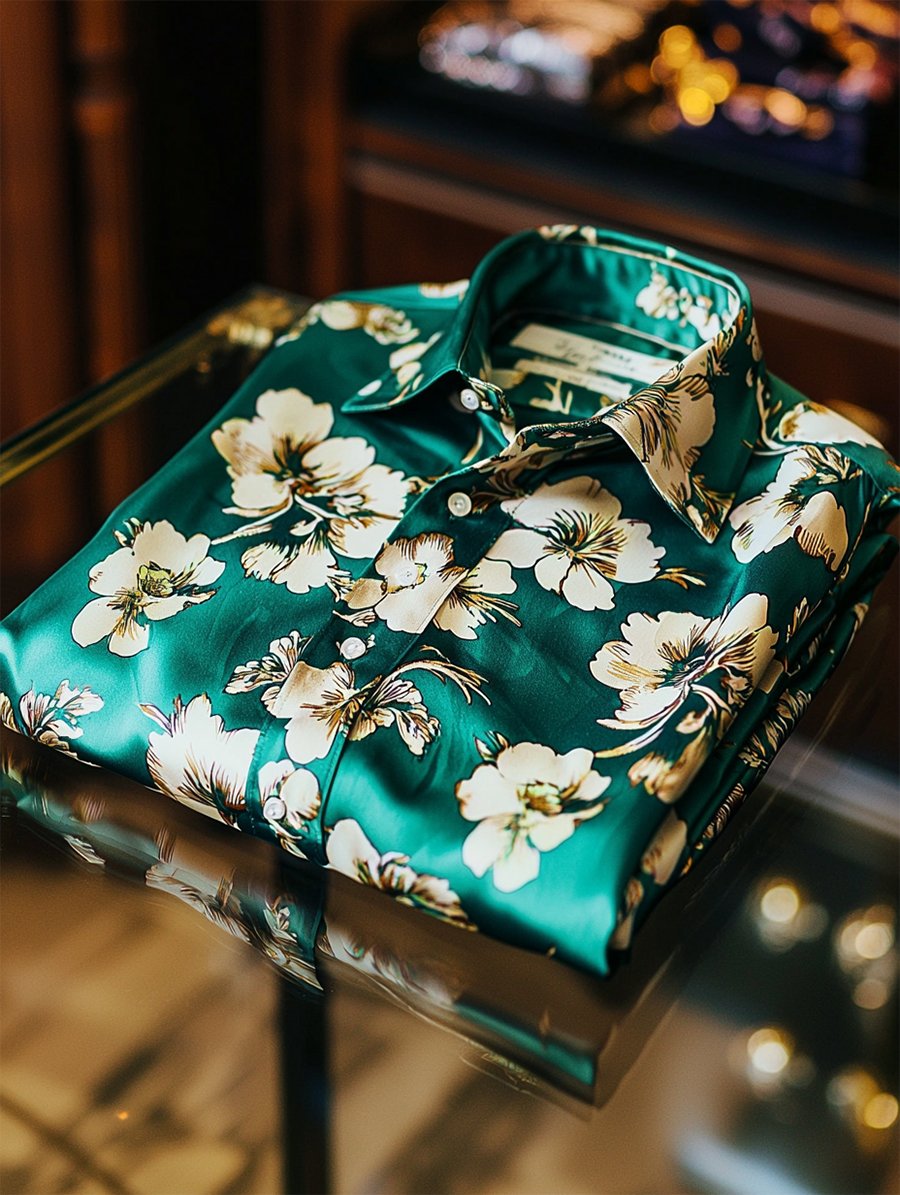 Camisa satén Luxe hawaiano estampado de manga corta Button para hombre