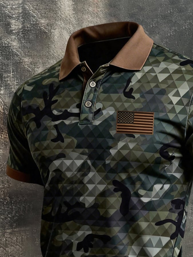 Camisa polo retro Patriotic Color-Block de manga corta para hombre
