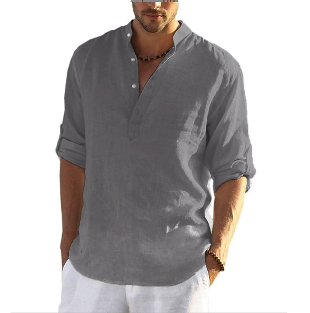 Camisa de lino camisa Band cuello camisa Popover camisa Summer camisa Beach Wear de color sólido hawaiano Holiday Black White Yellow Pink de manga larga Henley Summer Spring Clothing Apparel con botones para hombre - vista 12