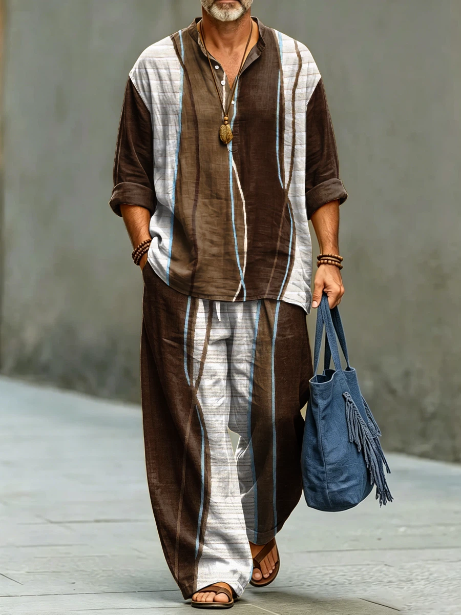 para hombre de modaable Abstract Stripe Art Print de algodón camisa Set
