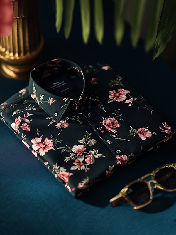 Camisa satén de lujo vintage floral de manga corta para hombre