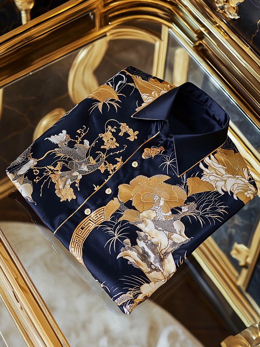 Camisa satén Ukiyo-E de lujo ejecutivo de manga larga para hombre