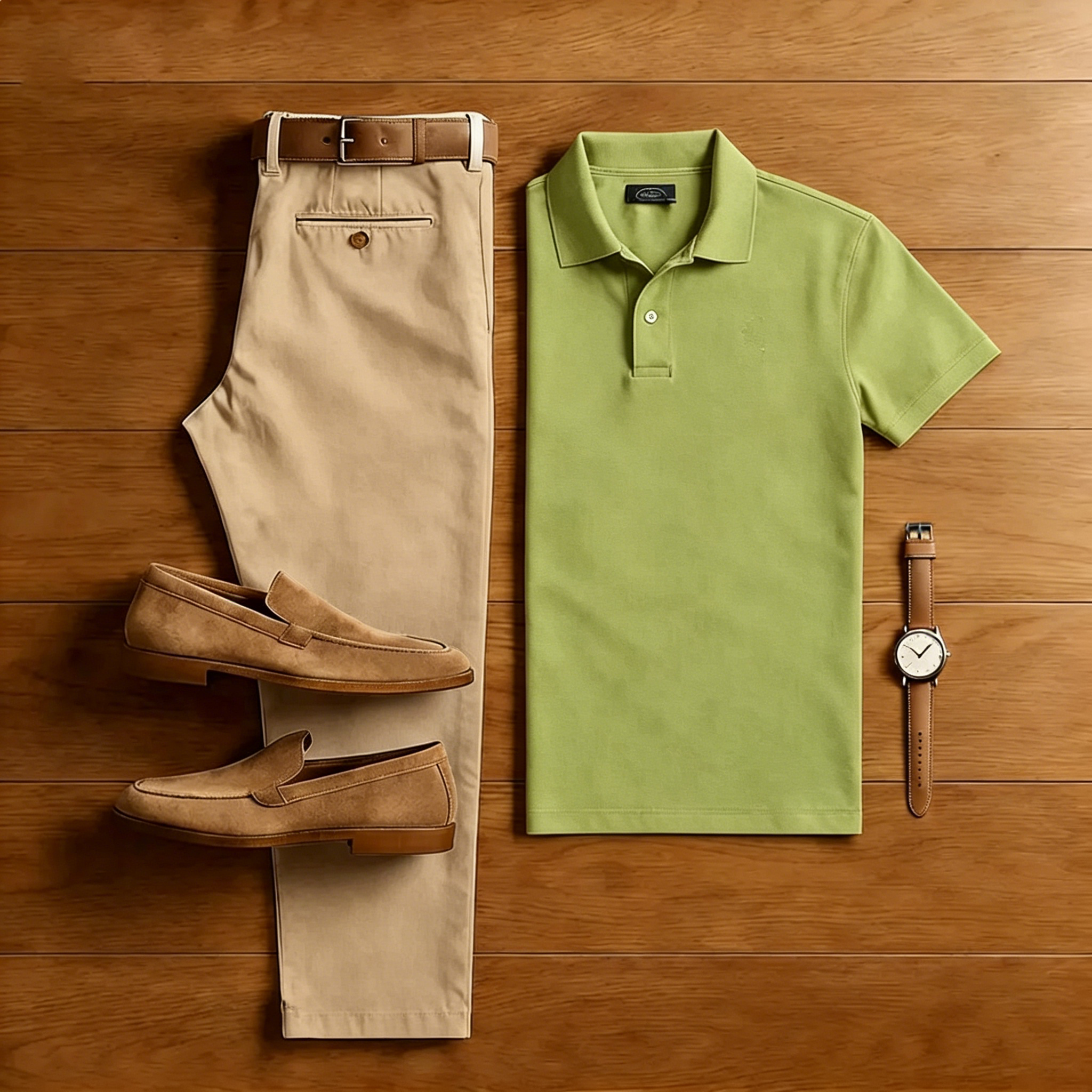 Conjunto de dos piezas casual Green camisa polo And Khaki pantalón para hombre