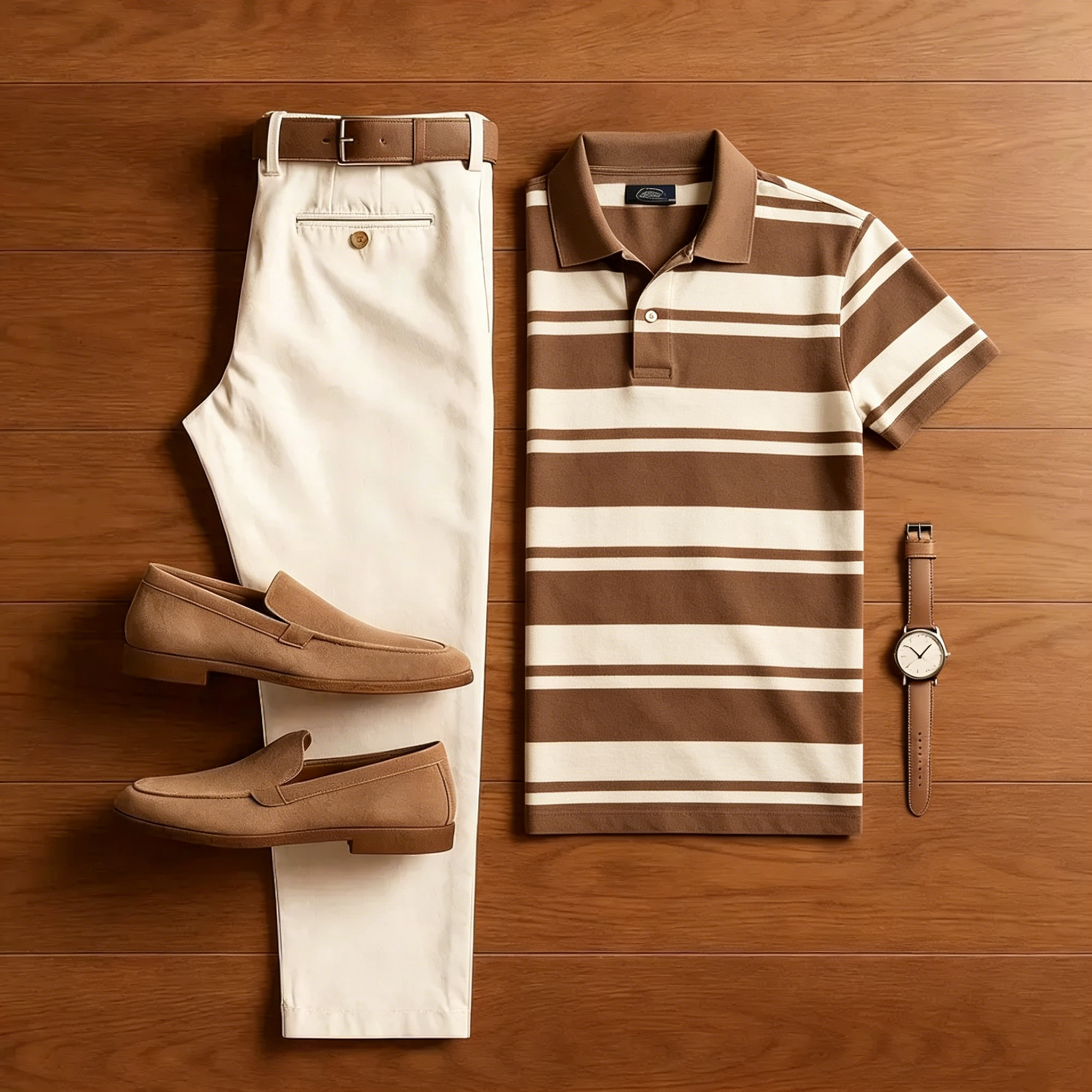 Conjunto de dos piezas casual Brown a rayas camisa polo And Off-white pantalón para hombre
