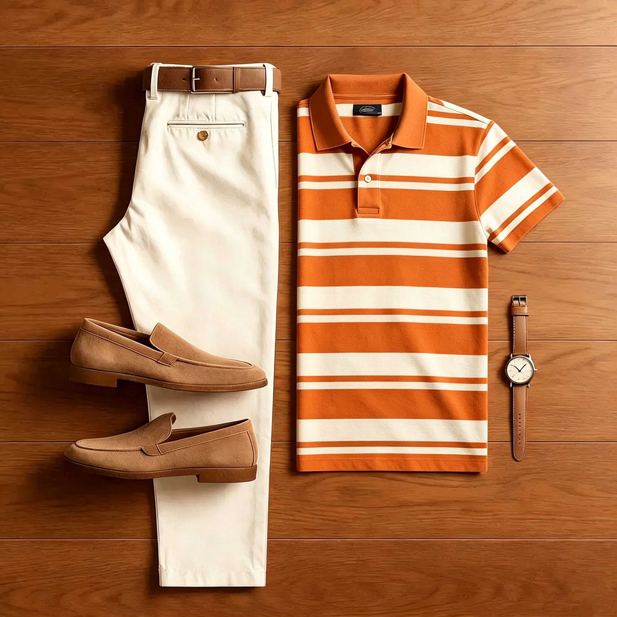 Conjunto de dos piezas casual Orange a rayas camisa polo And Off-white pantalón para hombre
