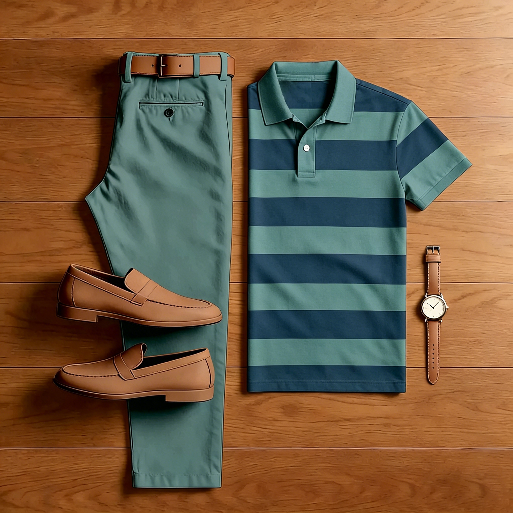 Conjunto de dos piezas casual Green a rayas camisa polo And Green pantalón para hombre