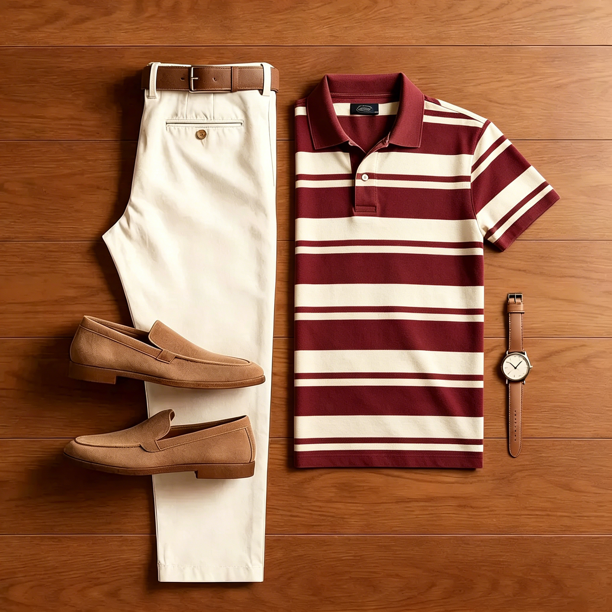 Conjunto de dos piezas casual Maroon a rayas camisa polo And Off-white pantalón para hombre