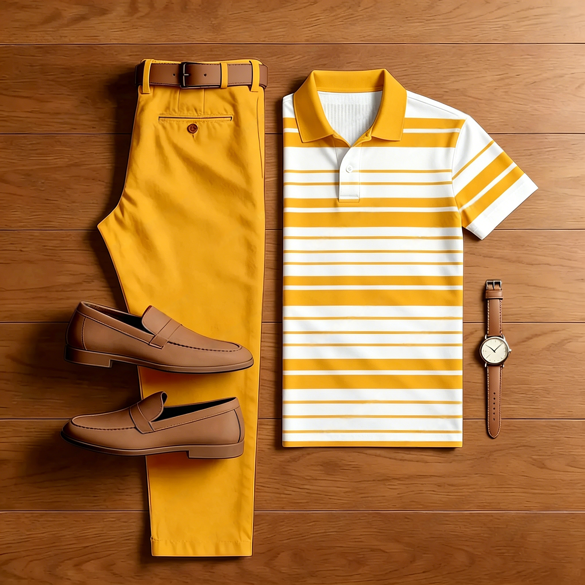 Conjunto de dos piezas casual Yellow a rayas camisa polo And Yellow pantalón para hombre