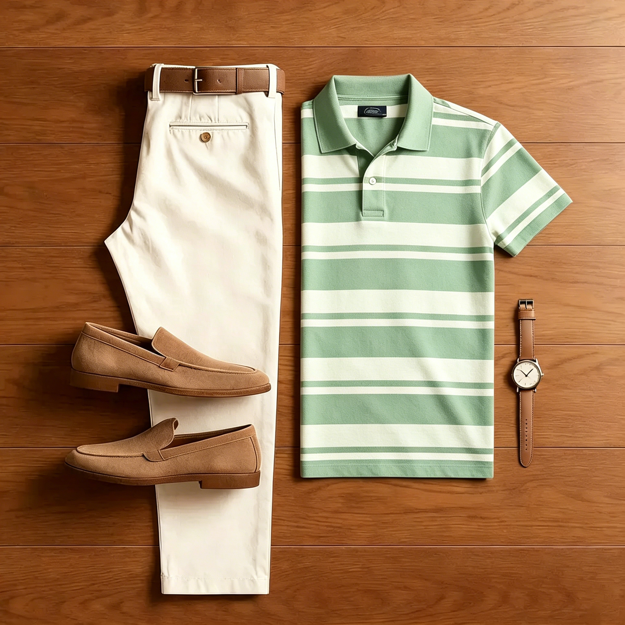 Conjunto de dos piezas casual Green a rayas camisa polo And Off-white pantalón para hombre