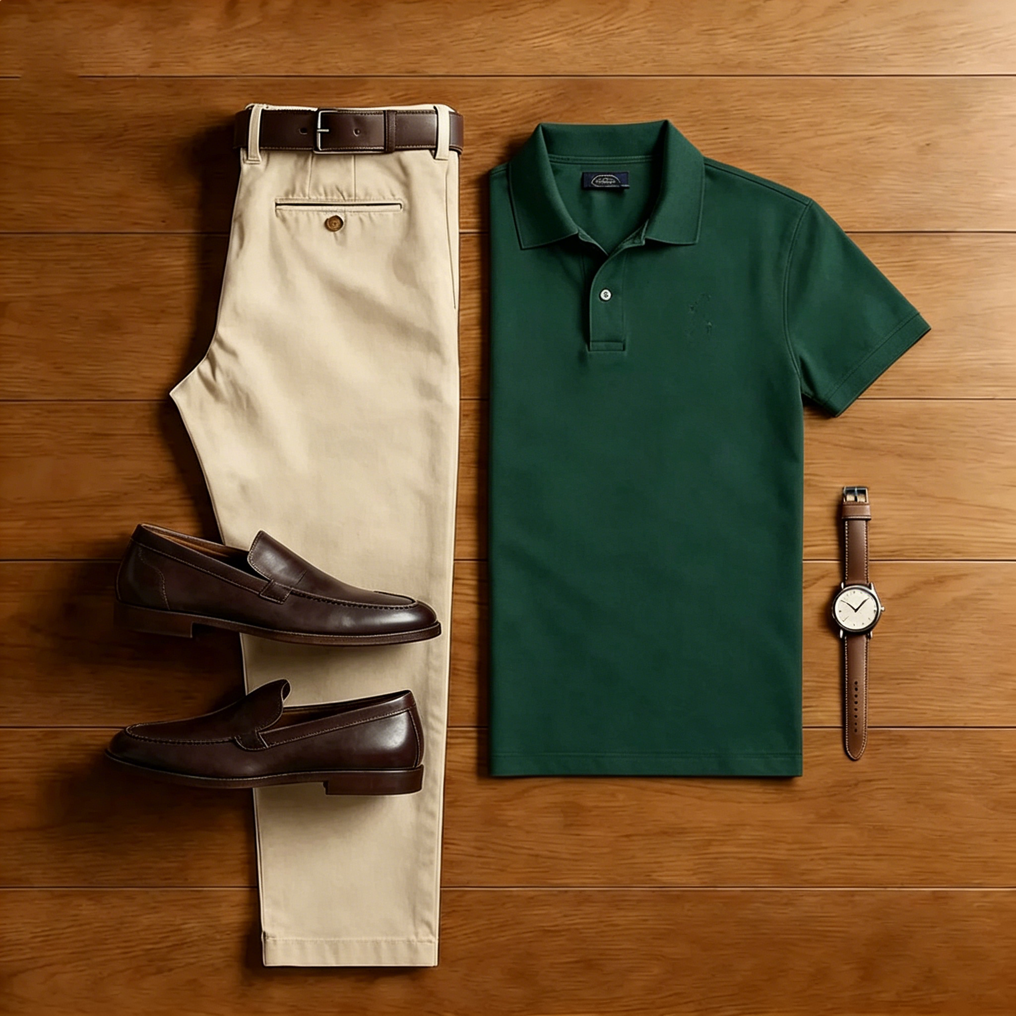 Conjunto de dos piezas casual Dark Green camisa polo And Khaki pantalón para hombre