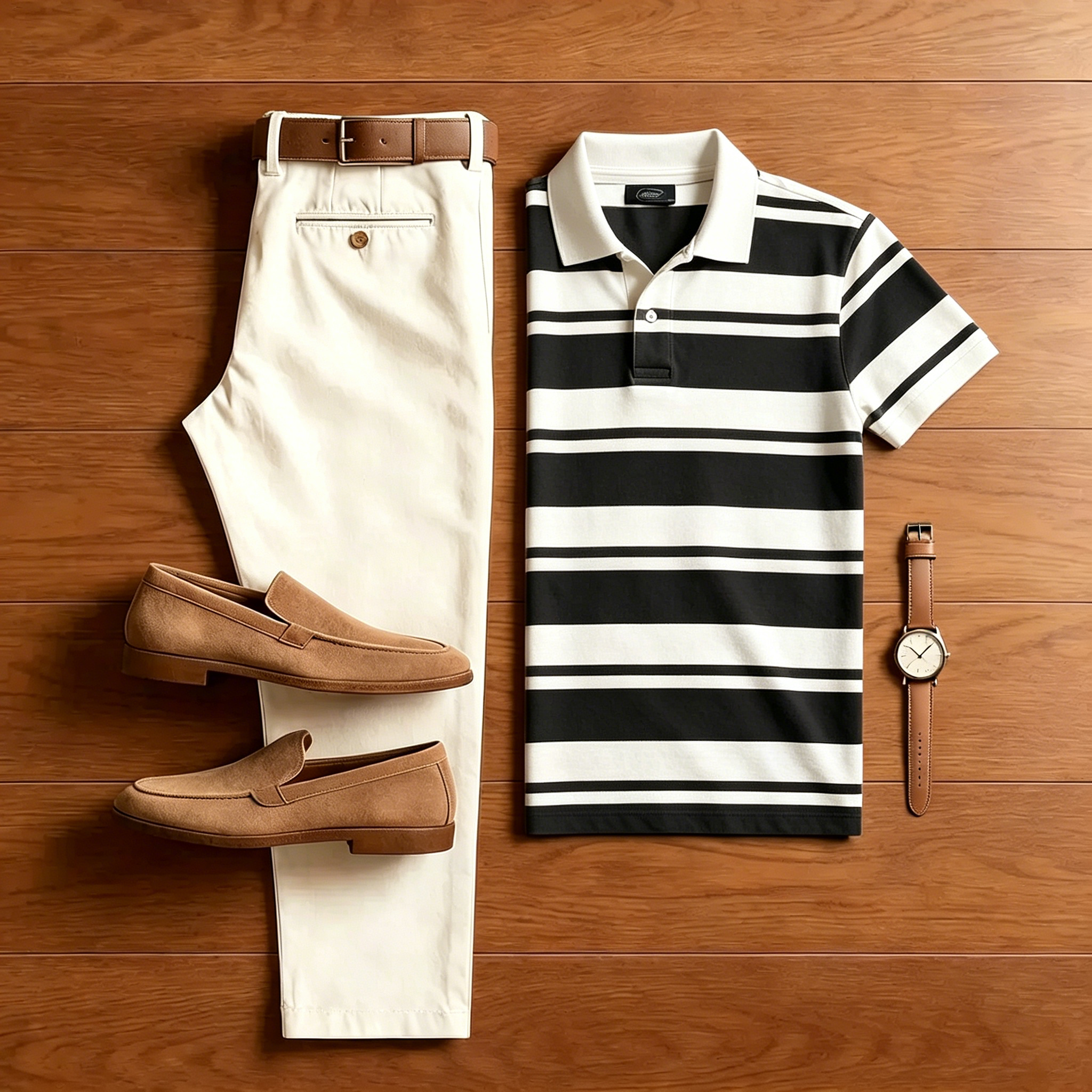Conjunto de dos piezas casual Black a rayas camisa polo And Off-white pantalón para hombre