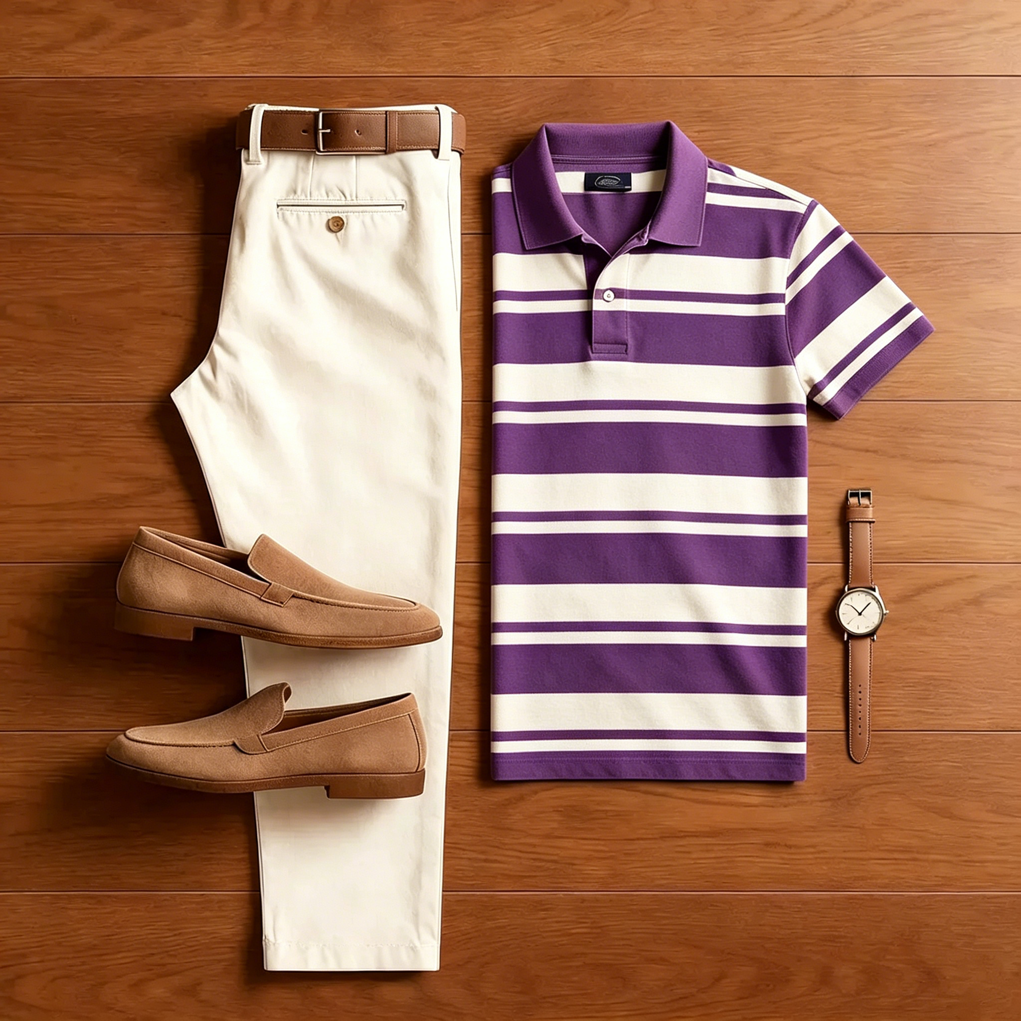 Conjunto de dos piezas casual Purple a rayas camisa polo And Off-white pantalón para hombre