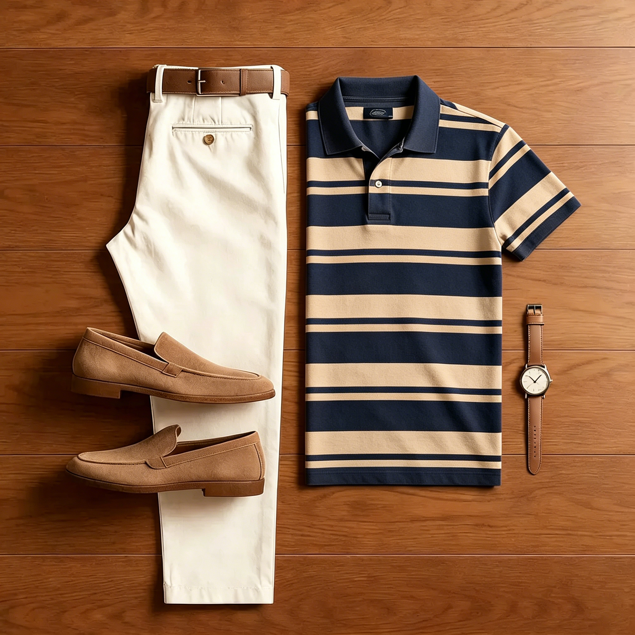 Conjunto de dos piezas casual Navy Blue a rayas camisa polo And Off-white pantalón para hombre