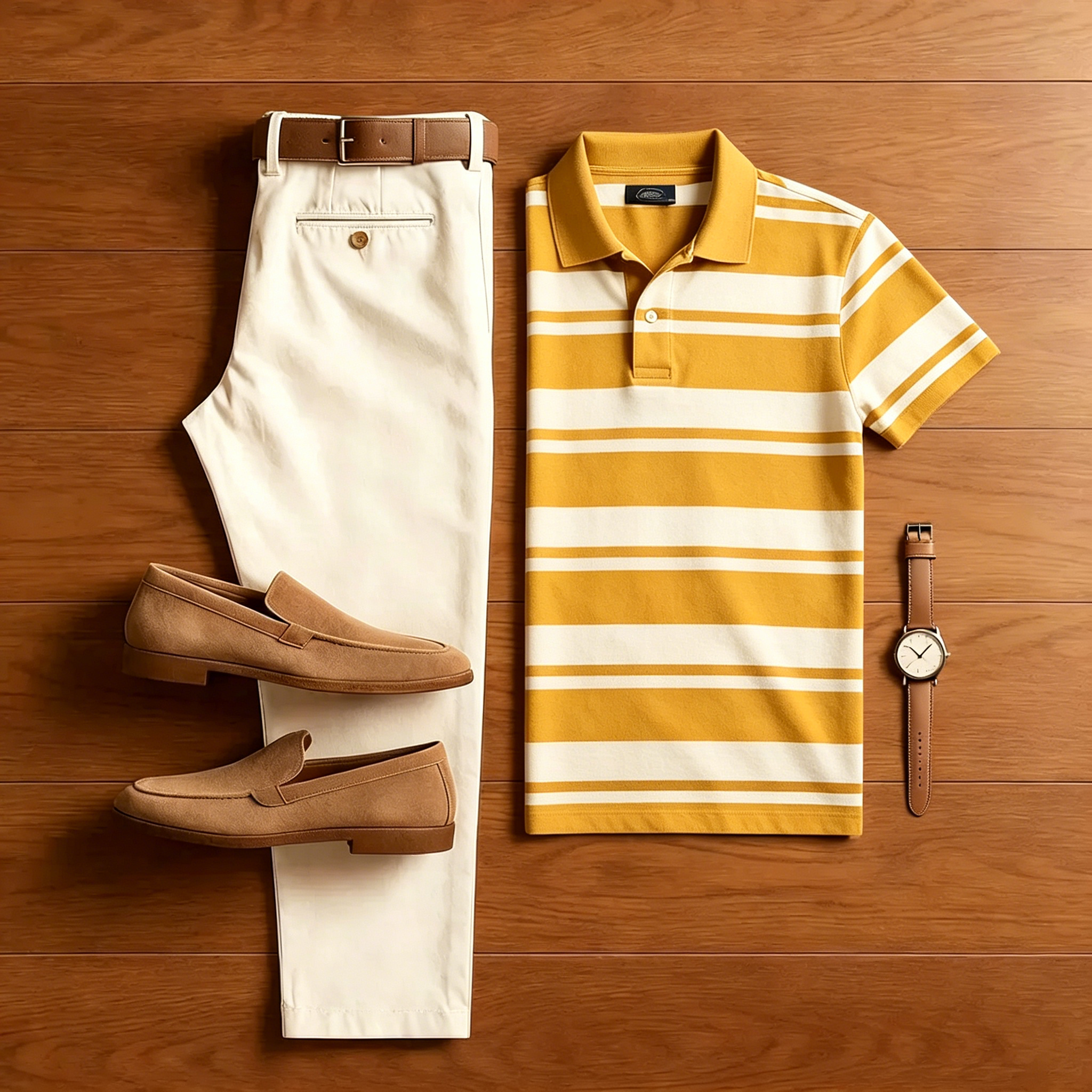 Conjunto de dos piezas casual Yellow a rayas camisa polo And Off-white pantalón para hombre