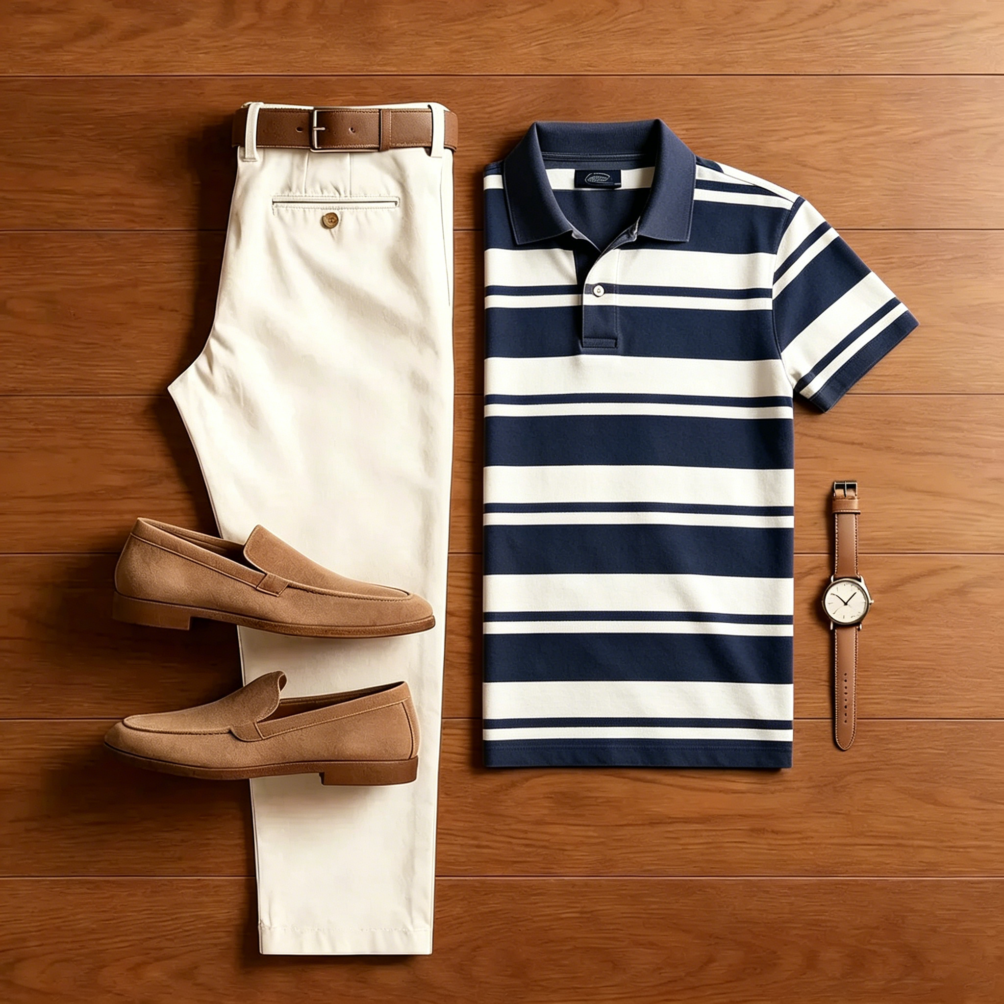 Conjunto de dos piezas casual Navy Blue a rayas camisa polo And Off-white pantalón para hombre
