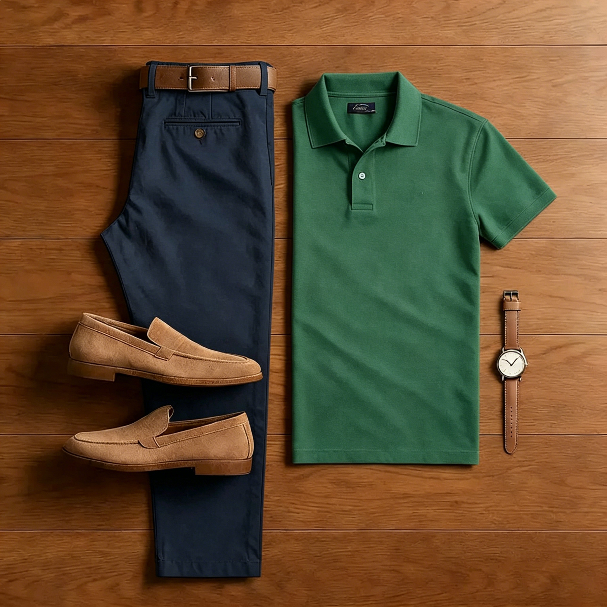 Conjunto de dos piezas casual Green camisa polo And Navy Blue pantalón para hombre