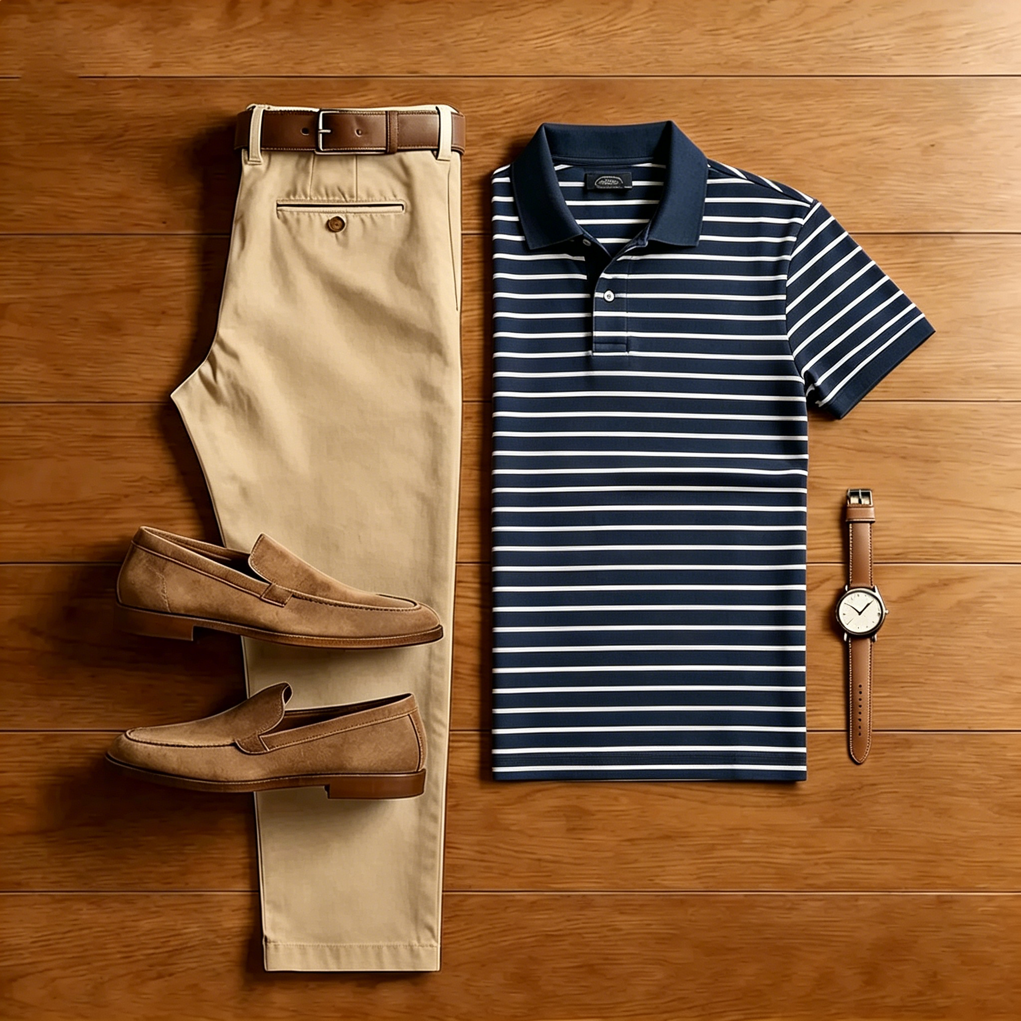 Conjunto de dos piezas casual Navy Blue a rayas camisa polo And Khaki pantalón para hombre