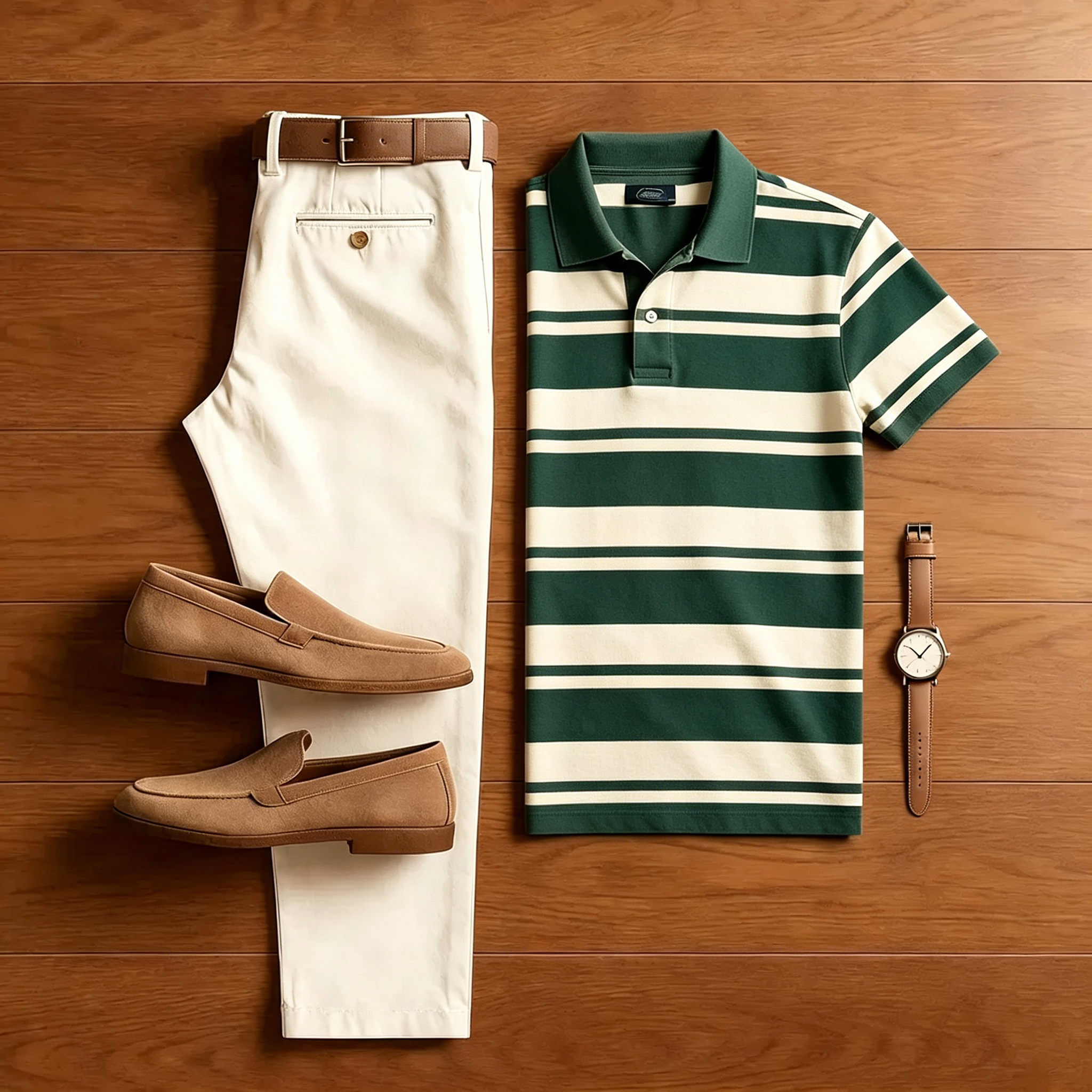 Conjunto de dos piezas casual Green a rayas camisa polo And Off-white pantalón para hombre