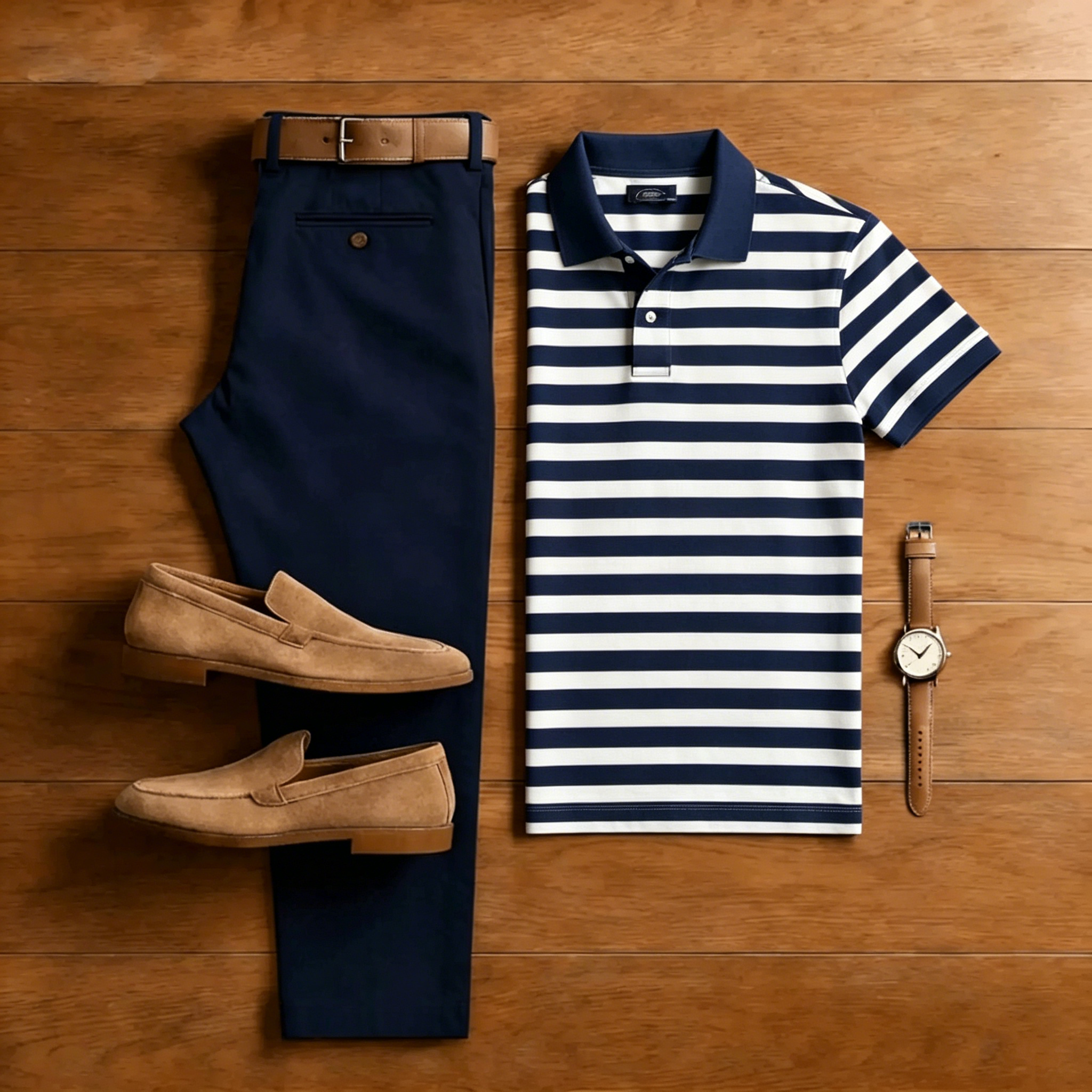 Conjunto de dos piezas casual Navy Blue a rayas camisa polo And pantalón para hombre