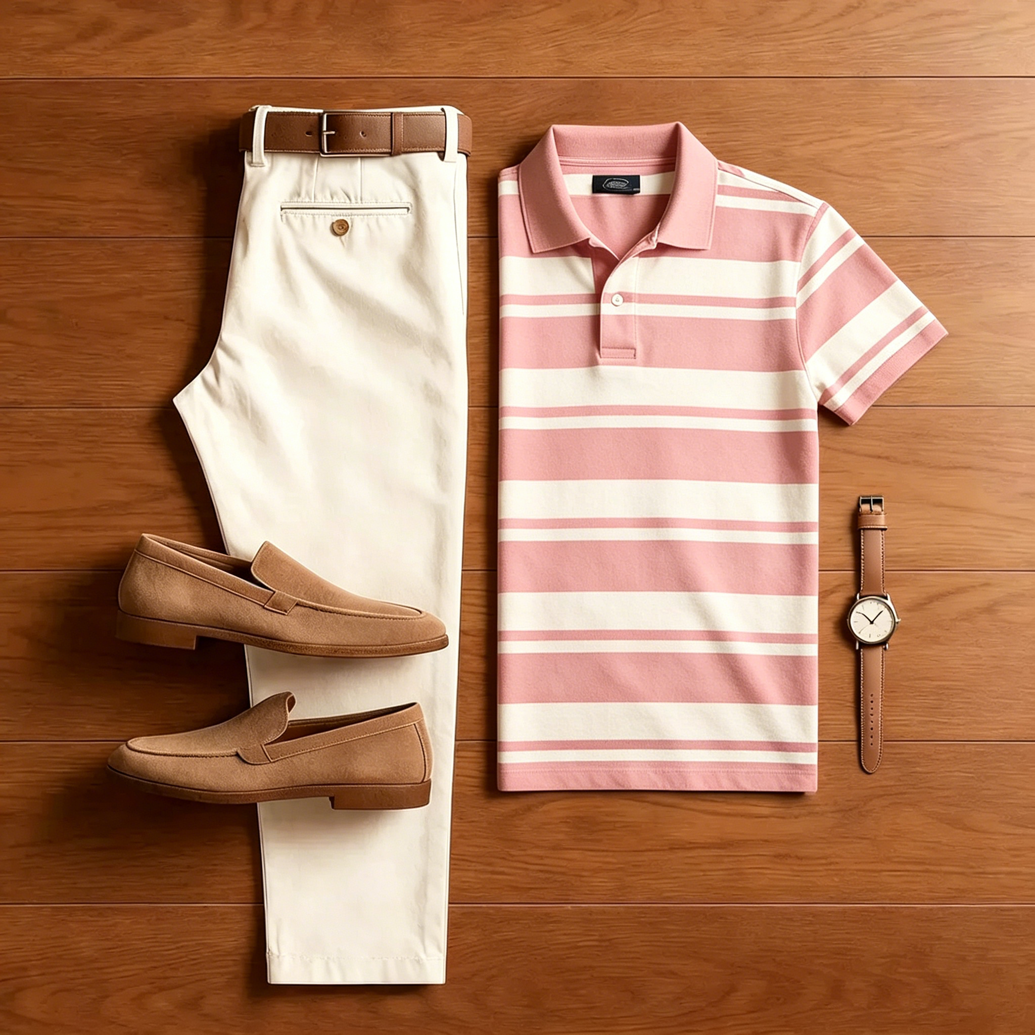 Conjunto de dos piezas casual Pink a rayas camisa polo And Off-white pantalón para hombre
