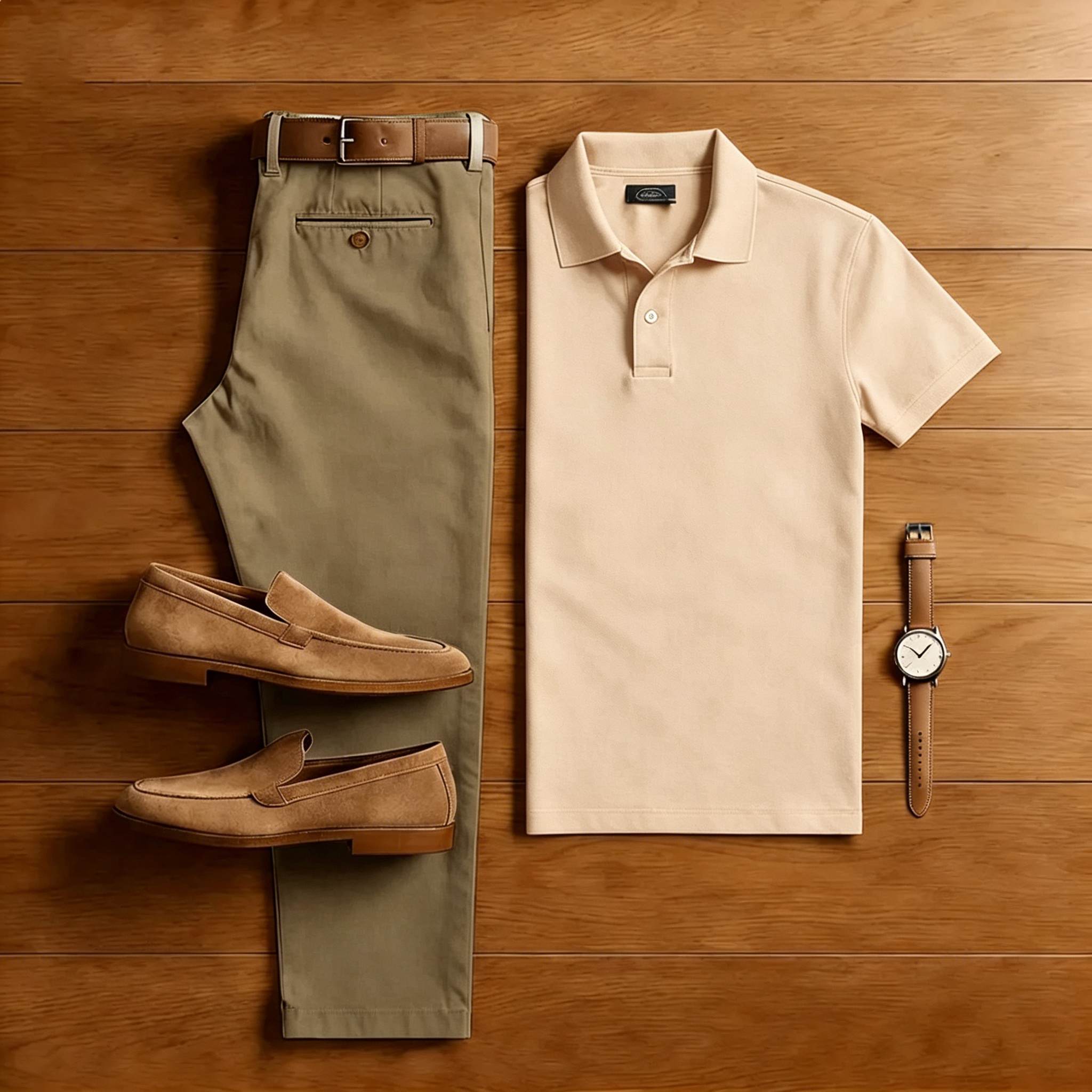 Conjunto de dos piezas casual Pale Beige camisa polo And Olive Chinos pantalón para hombre