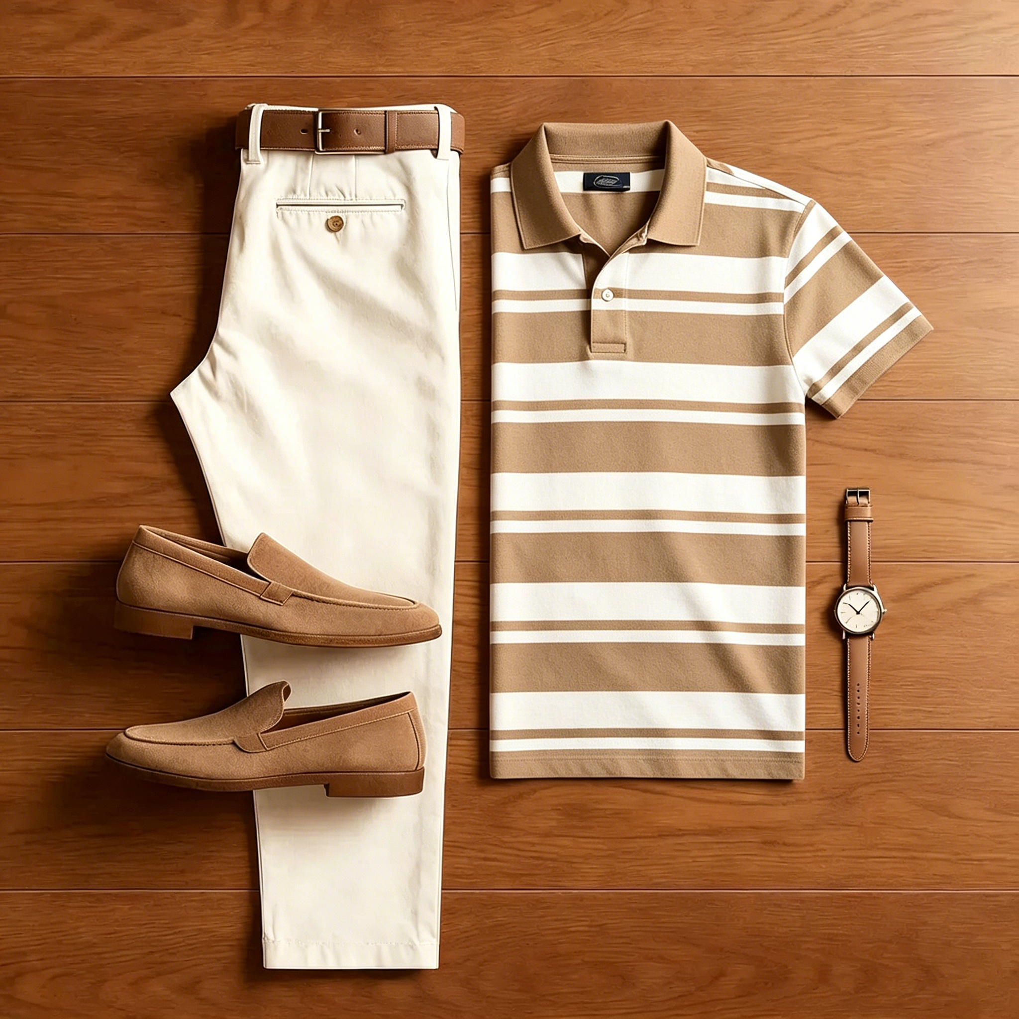 Conjunto de dos piezas casual Tan a rayas camisa polo And Off-white pantalón para hombre