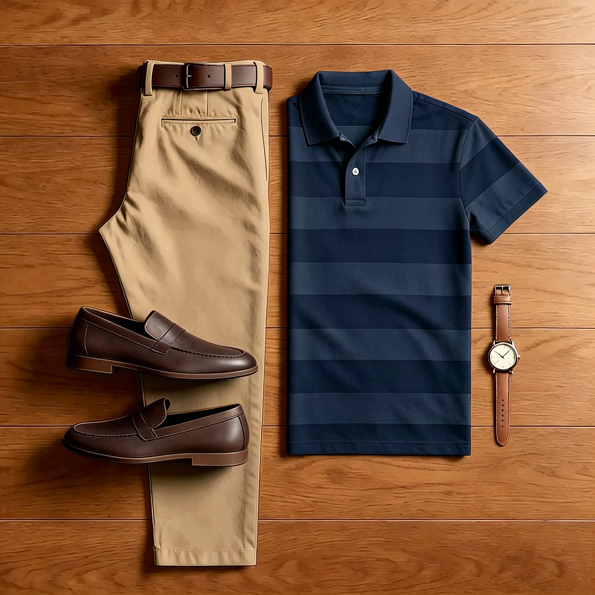 Conjunto de dos piezas casual Navy Blue a rayas camisa polo And Beige pantalón para hombre