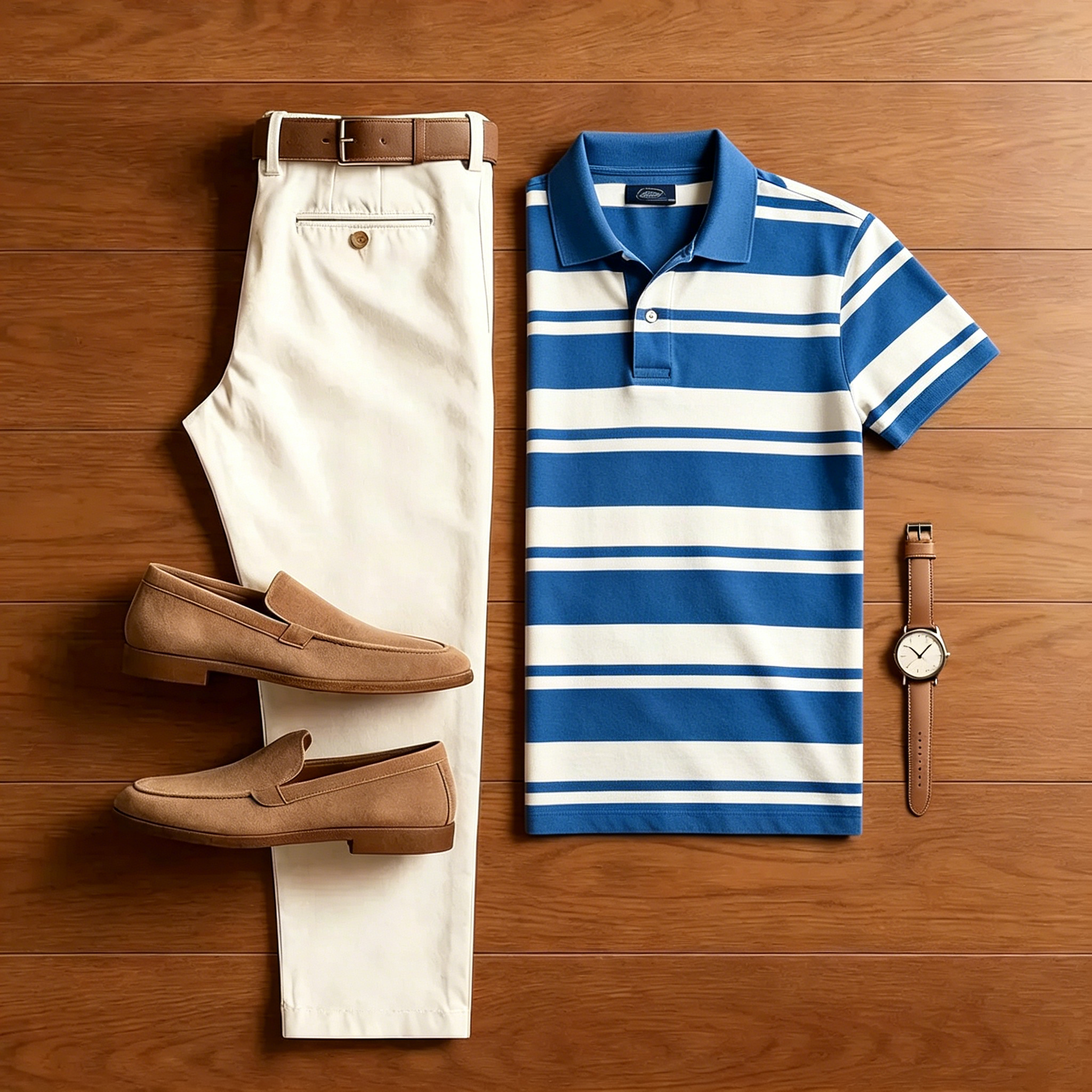 Conjunto de dos piezas casual Blue a rayas camisa polo And Off-white pantalón para hombre