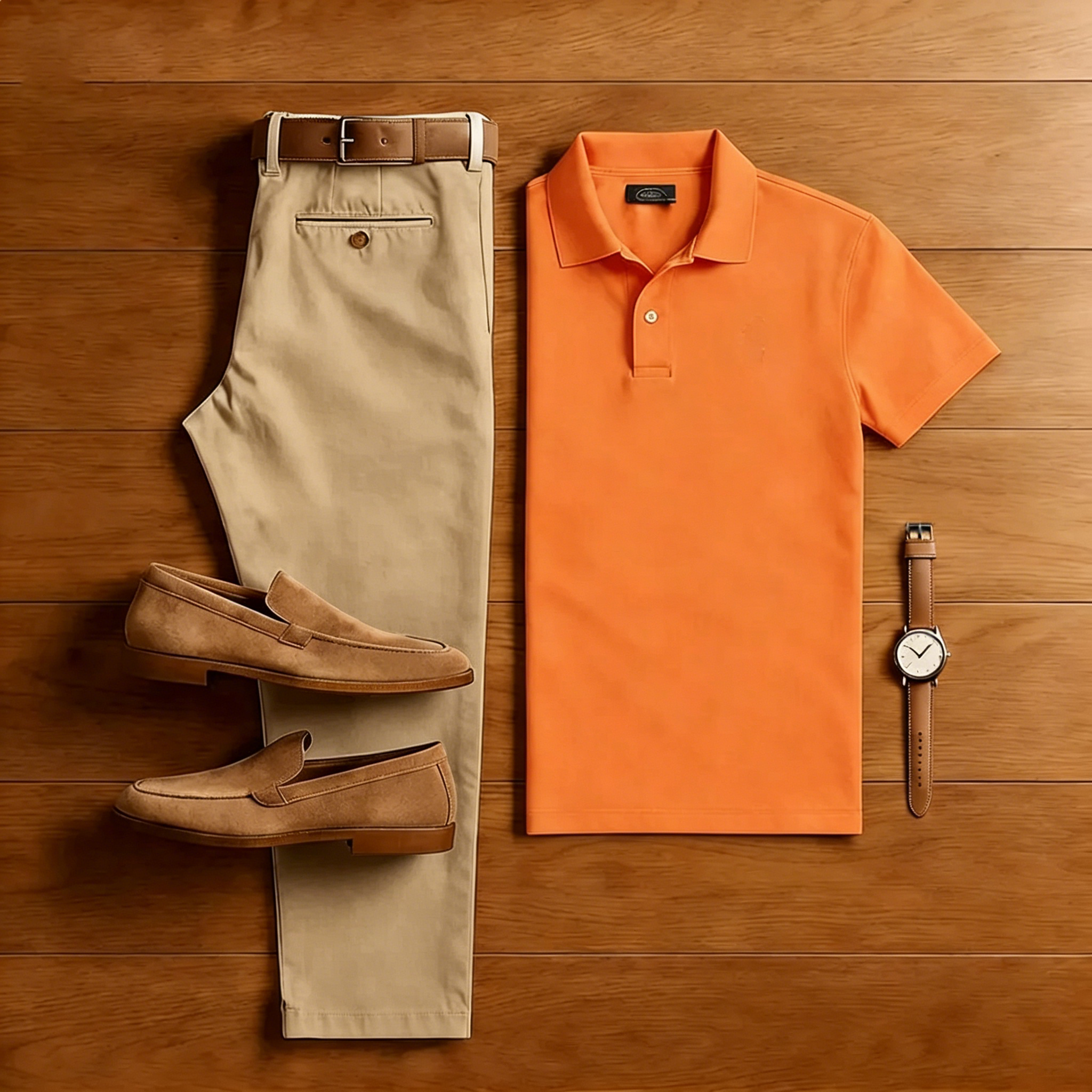 Conjunto de dos piezas casual Orange camisa polo And Khaki pantalón para hombre