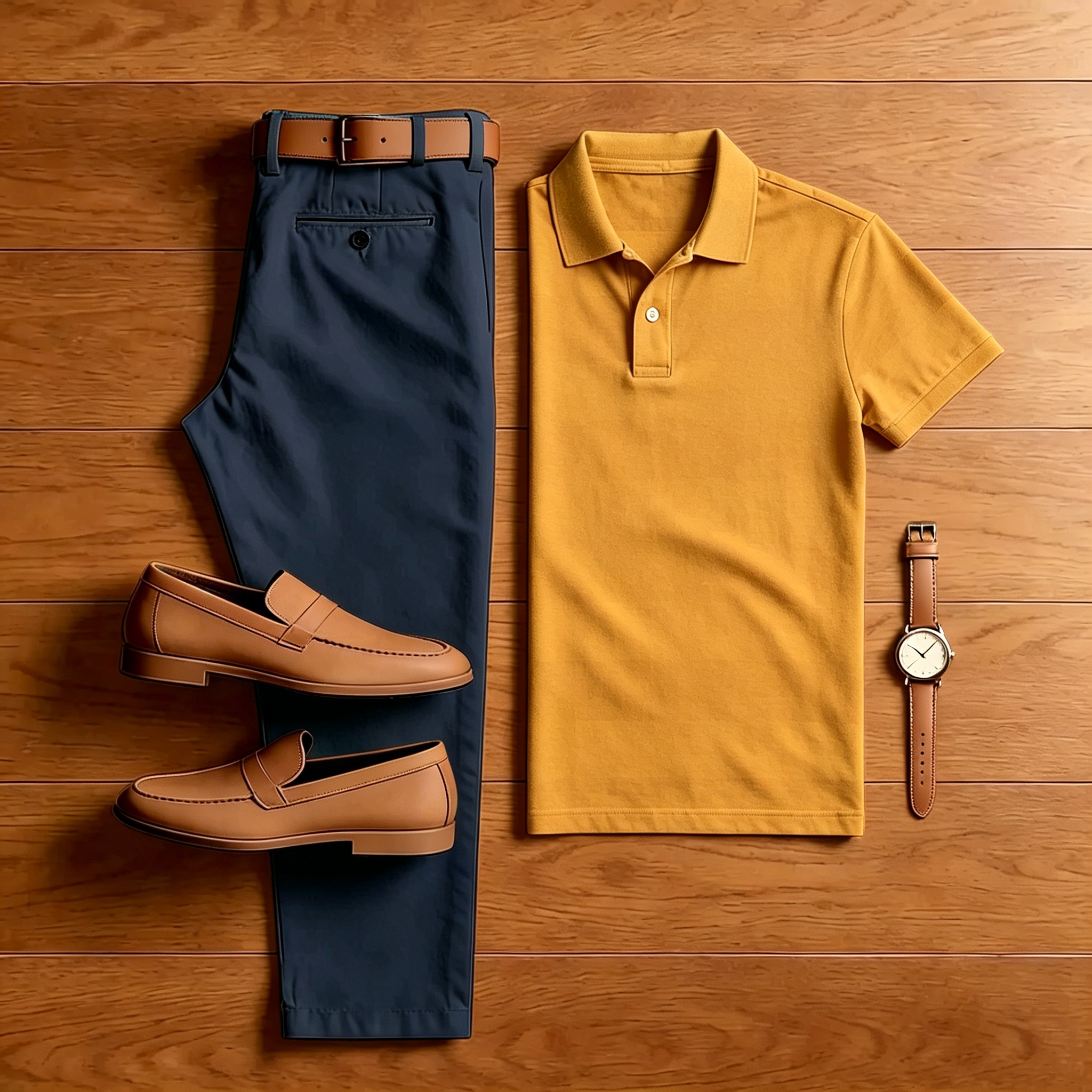 Conjunto de dos piezas casual Mustard camisa polo And Navy Blue pantalón para hombre