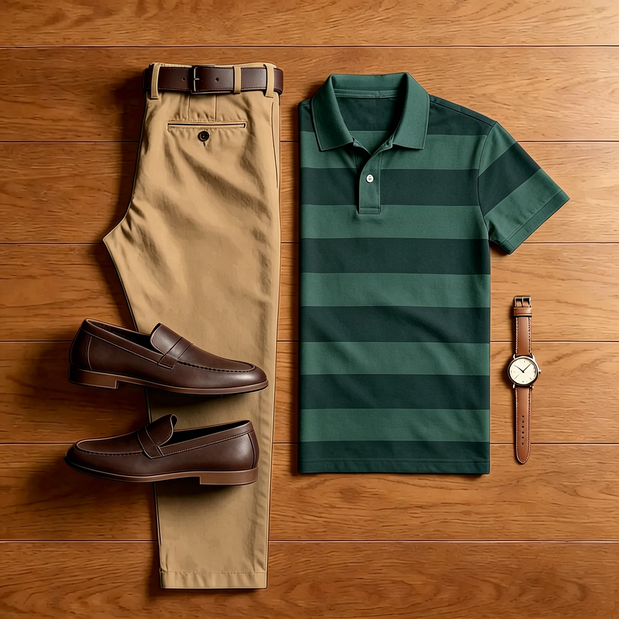 Conjunto de dos piezas casual Green a rayas camisa polo And Khaki pantalón para hombre