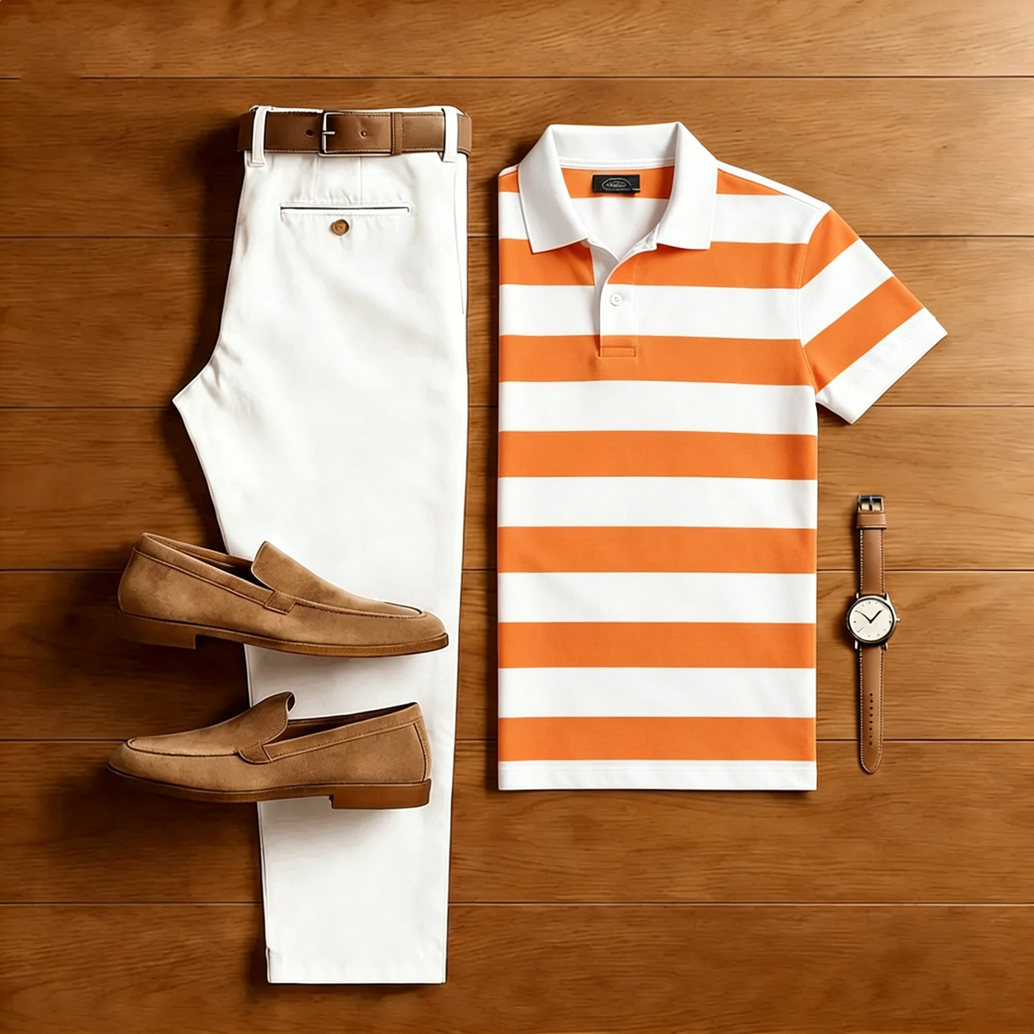 Conjunto de dos piezas casual Orange a rayas camisa polo And White pantalón para hombre