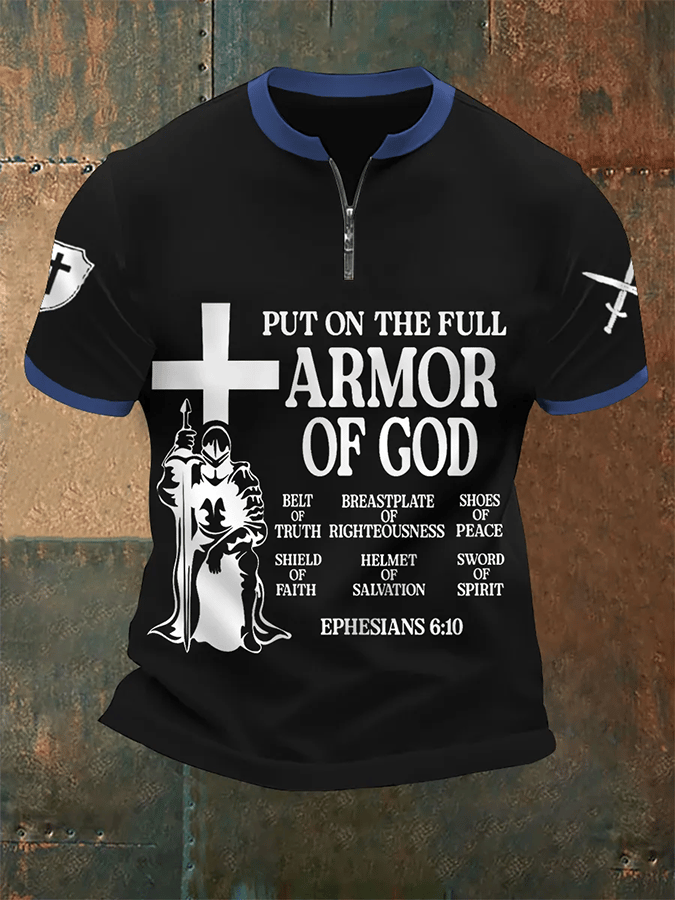Put On The Full Armor Of God estampado casual Zip Tee para hombre
