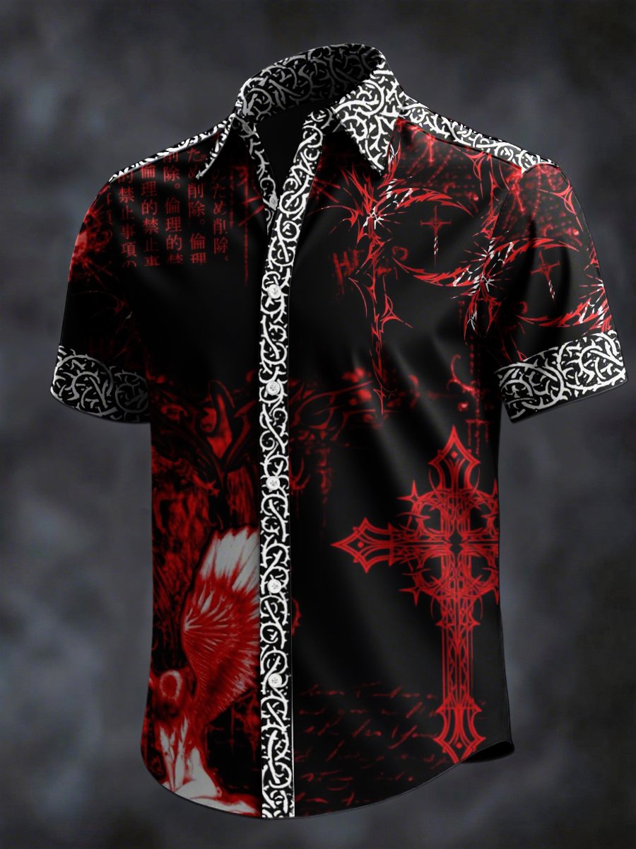 Camisa retro Horror Skull estampado solapa de manga corta para hombre