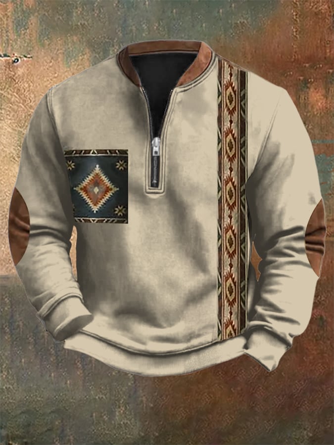 Sudadera retro Western estampado Zip cuello para hombre