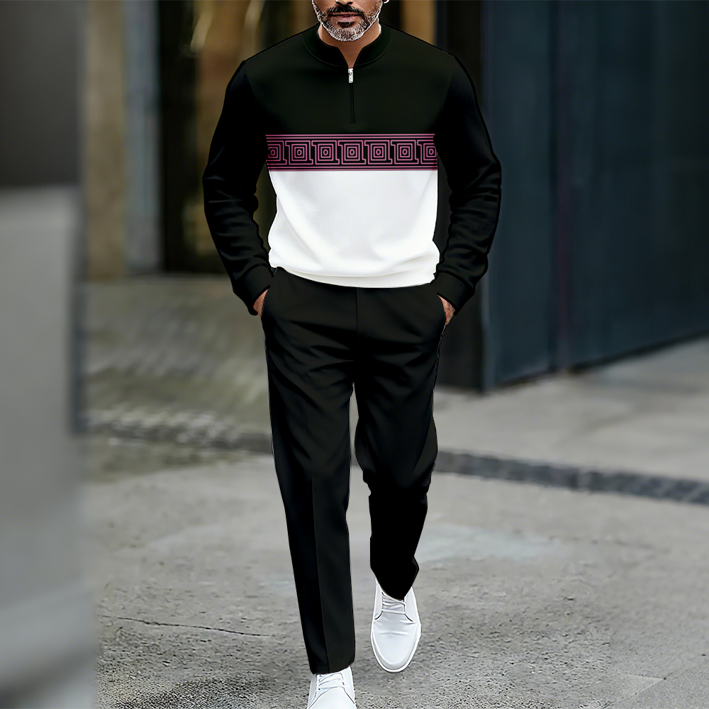 Conjunto de dos piezas casual Color Matching estampado Round-Neck Zipper de manga larga Trousers para hombre