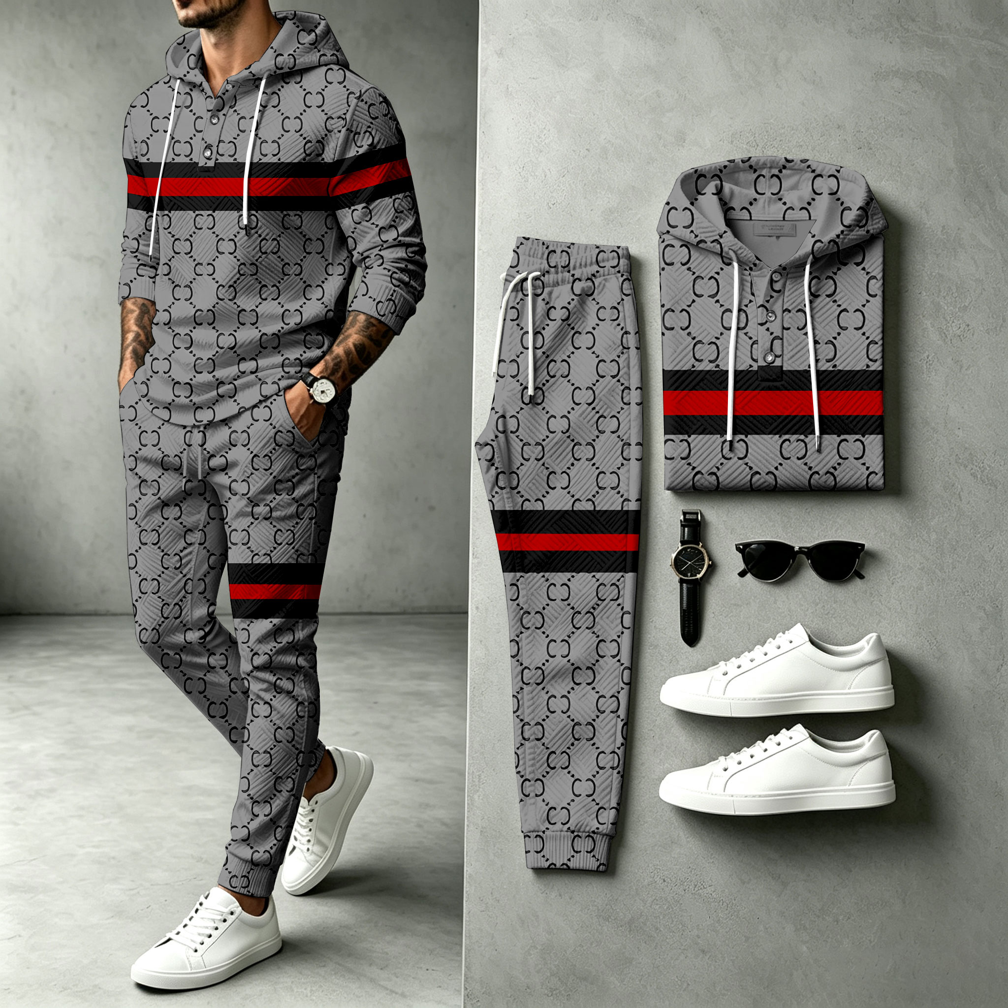 para hombre Gray Hooded Sweacamiseta and pantalón Set